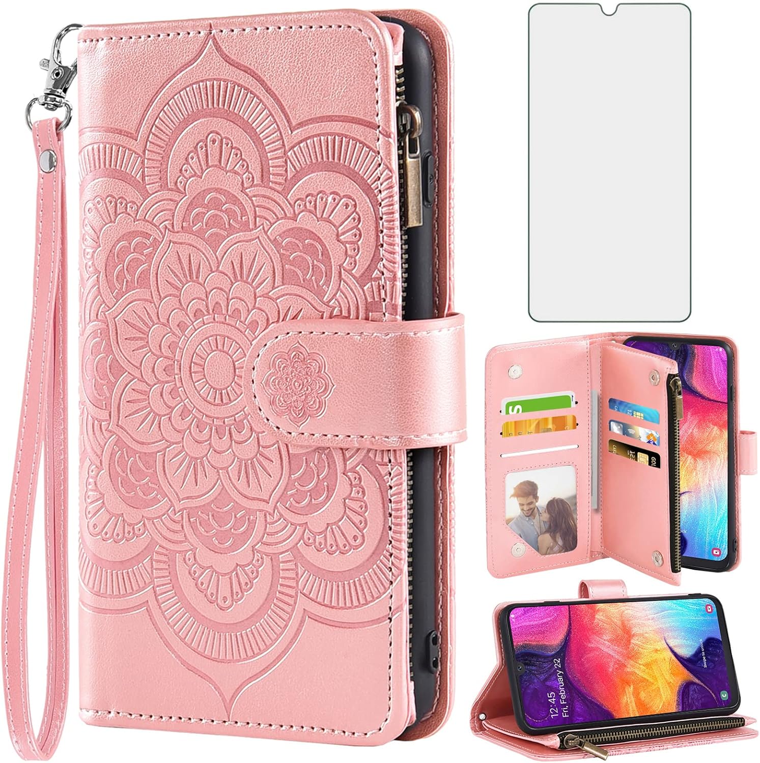Asuwish Compatible with Samsung Galaxy A50 A50S A30S Wallet Case and Tempered Glass Screen Protector Flip Card Holder Cell Phone Cover for Glaxay A 50 50S 30S Gaxaly S50 50A SM A505G Women Rose Gold