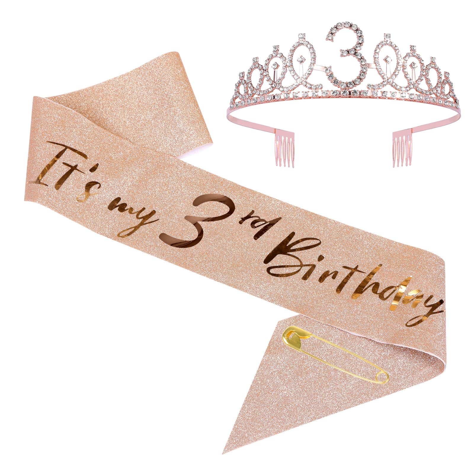JasperKino 3th Birthday Sash and Tiara Set Rose Gold Sash Crown Birthday Party Favors Supplies for Party