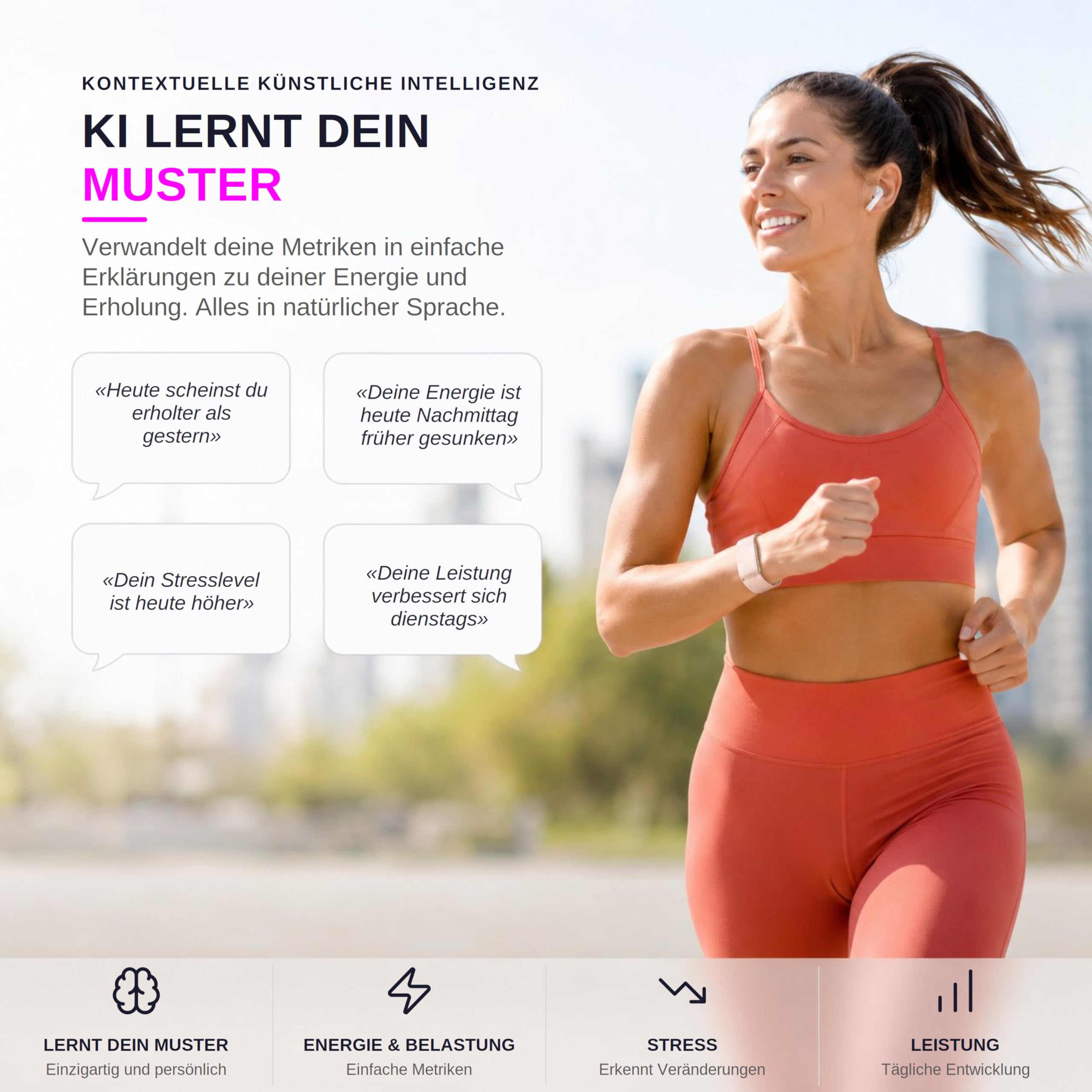 Sense Smartband ohne Display Damen Herren, Entwickelt in Spanien, KI-Coach, Schlaf Energie Erholung, Herzfrequenz 24/7 HRV SPO₂, IP68, Akku +45 Tage, Ohne ABO, Rosa