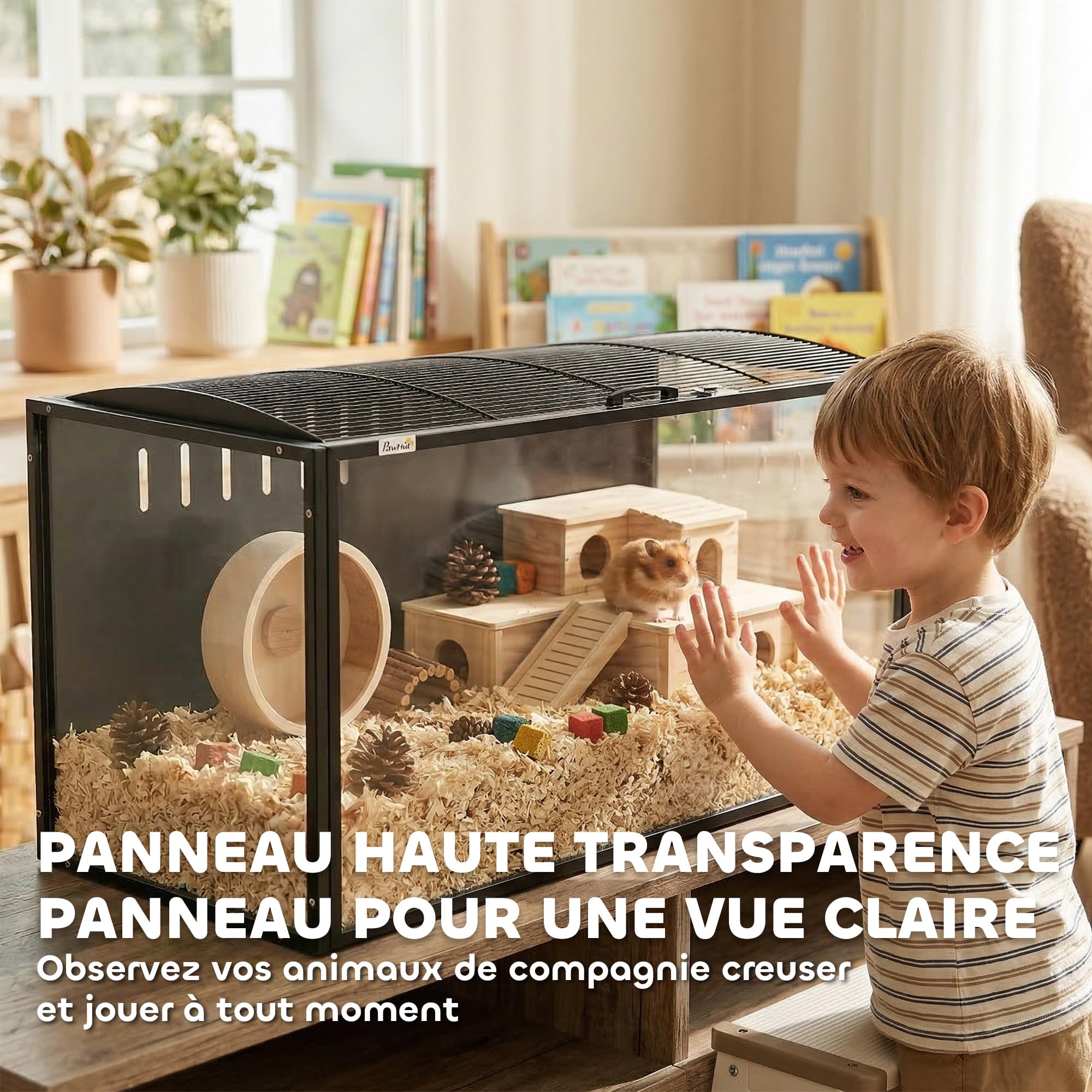 PawHut Cage à Hamster Géante 105 cm Habitat pour Rongeur en Acier et Acrylique Transparent Grande Cage avec Vue Panoramique et Toit Ouvrant pour Hamster Syrien et Souris, Noir