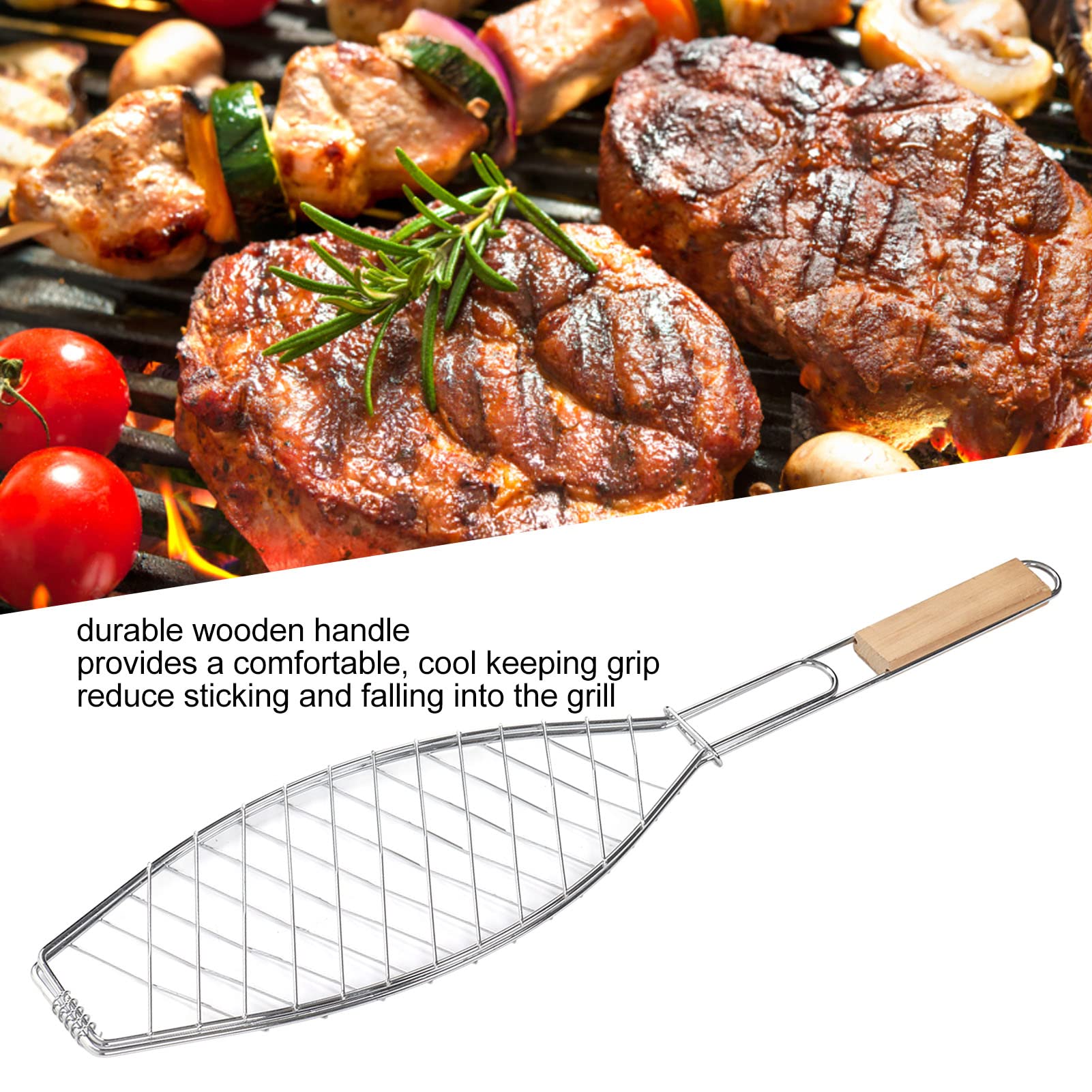 Cestello per Griglia, Compatto e Facile da Riporre, in Acciaio Inox, con Manico, per Grigliare Bistecche, Salsicce, Pollo, Costolette, Agnello, Mais, Patate, Pesce