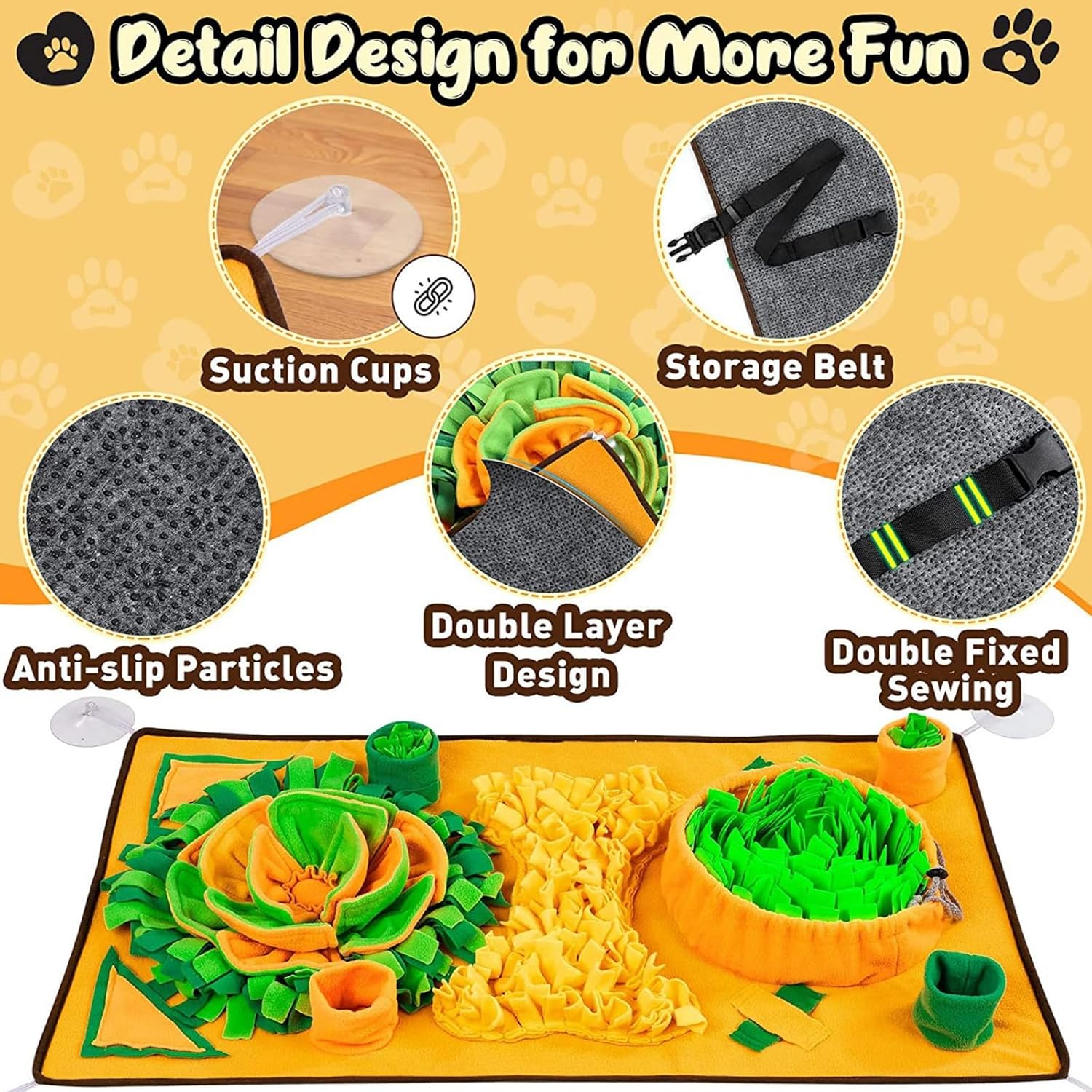 Snuffle Mat for Dogs Large Breed, Nosework Interactive Sniffing Mat for Cats Rabbits 34inch x 19.3inch, Pet Dog Toy Feeding Mat Floors Anti-Slip Could be Folded Free, Orange