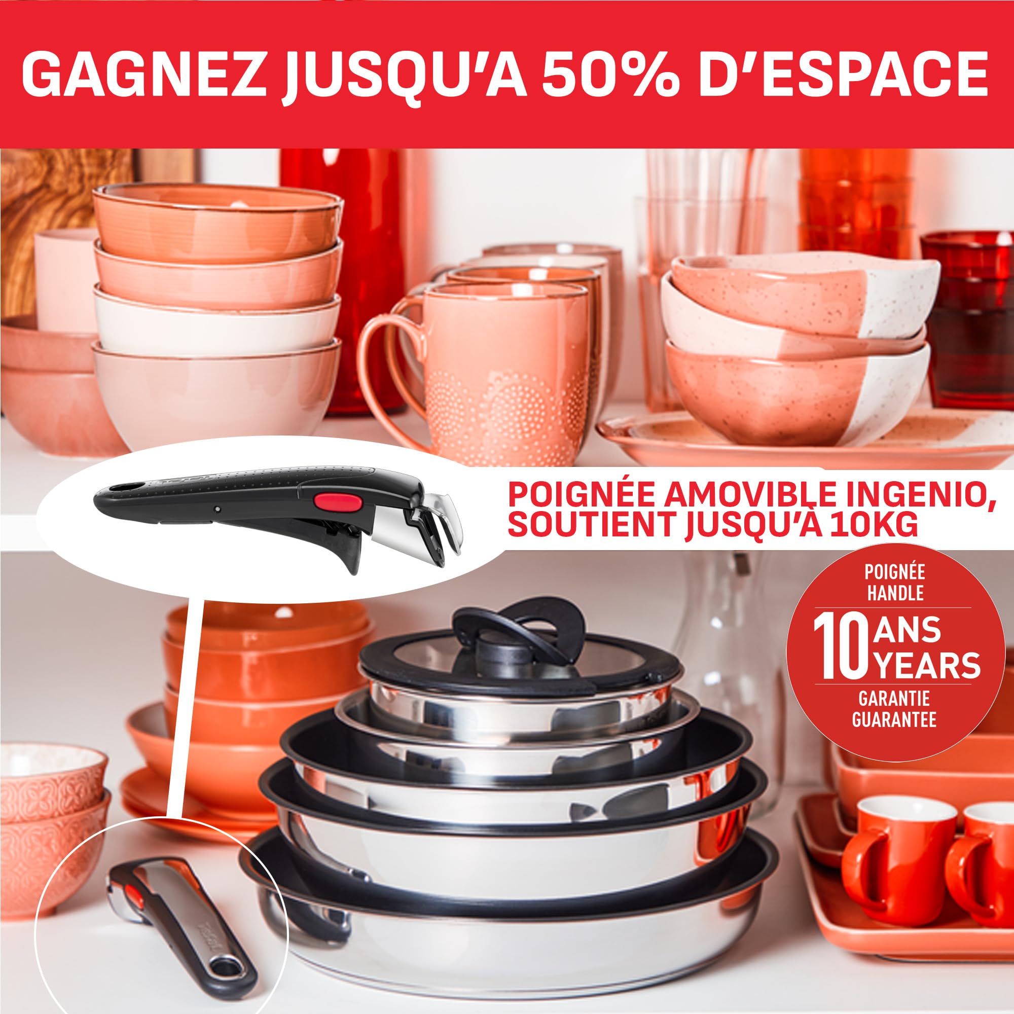 Visiter la boutique Tefal Tefal Ingenio Batterie de cuisine 20 pièces, Poêles, Casseroles, 2 poignées amovibles, Induction, Revêtement antiadhésif, Empilable, Compatible lave-vaisselle, Emotion L897SK04 in use