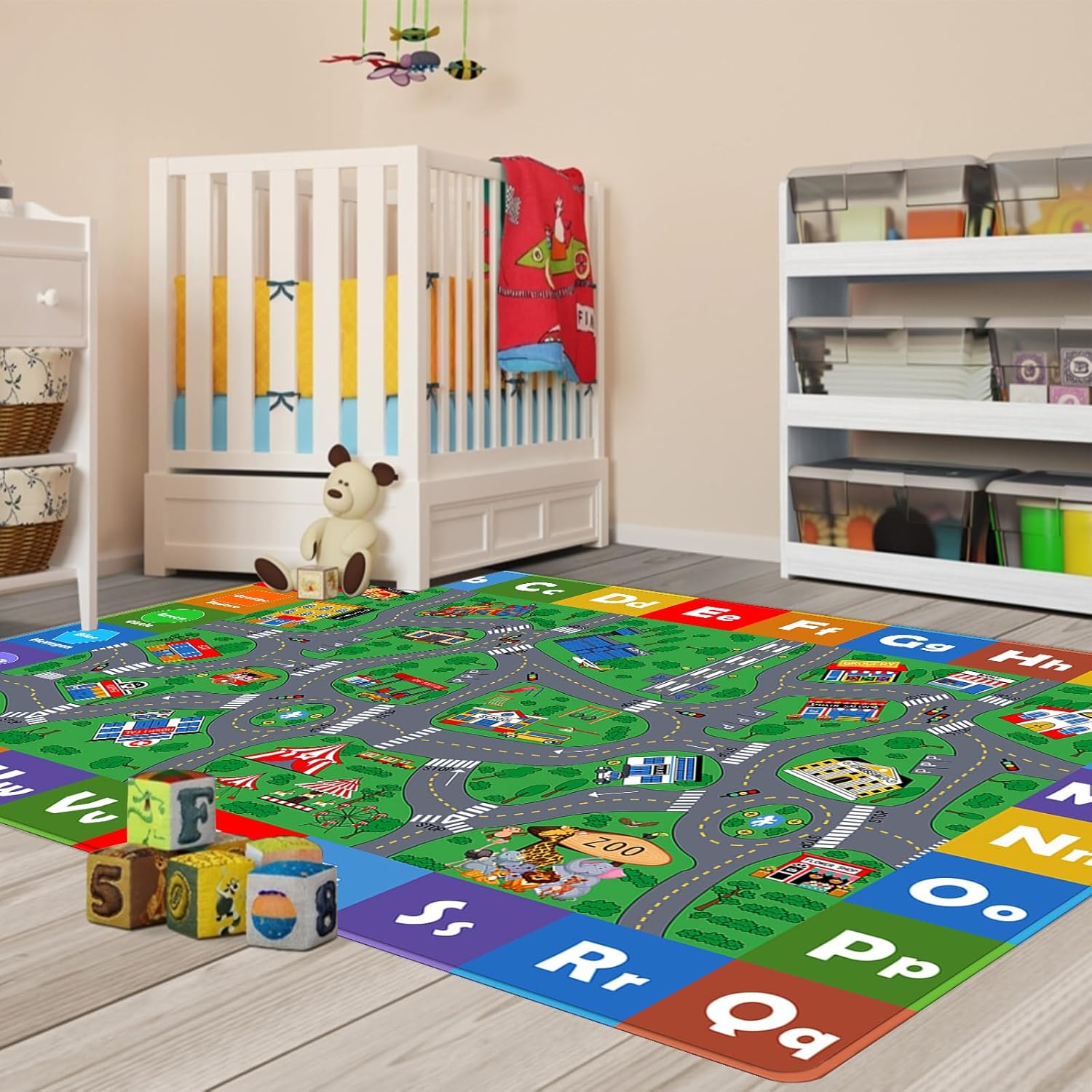 Kids Play Mat, Super Soft Car Track Rug, ABC and Shapes Educational Playmat, Non-Slip City Road Traffic Carpet Nursery Rugs for Playroom Bedroom Boys, Children Play Area Rug
