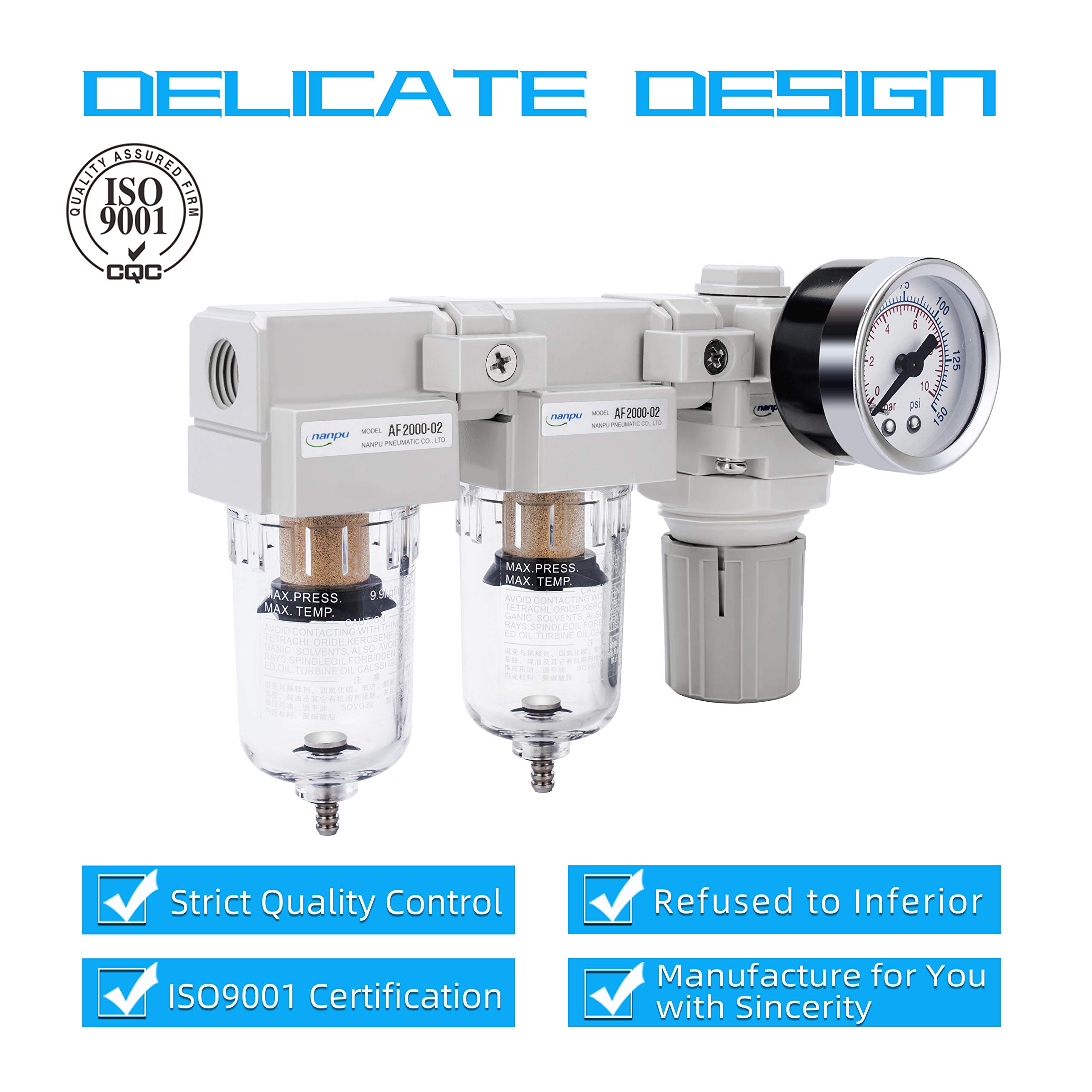 NANPU 1/4" BSPP Aria Compressa Filtro Regolatore Lubrificatore (FRL) Separatore Trappola Acqua/Olio - Alta Pressione, Lega Di Zinco, Manometro (0-16 Bar), Scarico Semiautomatico, Staffa Metallica