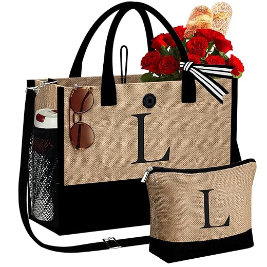 YOOLIFE Personalized Birthday Gifts for Sister - Initial Jute Beach Tote Bag Mothers Day Raksha Bandhan Gift for Sister Mom Teacher Friend Bridesmaids Jute Tote Bag Birthday Gifts for Sister