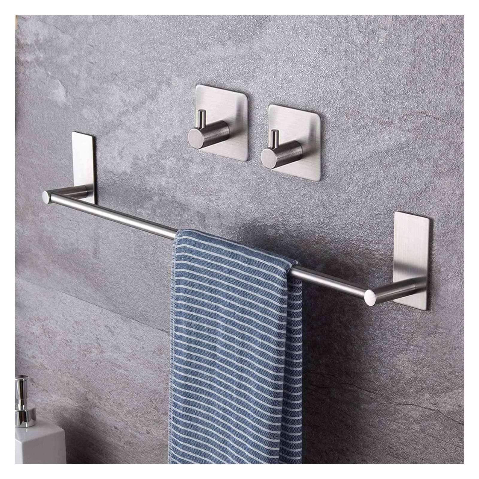 Toallero de 16 pulgadas con 2 ganchos adhesivos, toallero de mano montado en la pared, accesorios de baño plateados, fácil instalación, gancho de toalla para uso doméstico
