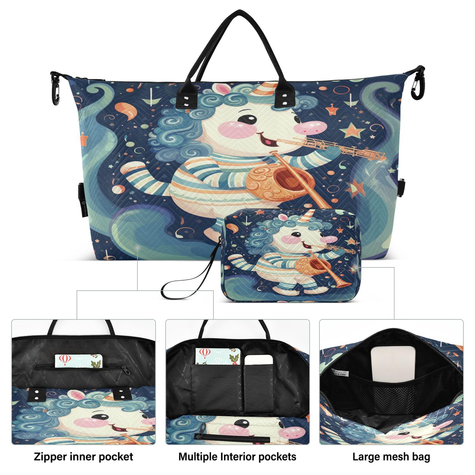 Cute Saxophone Unicorn Sports Swim Gym Bag Weekender Duffel Travel Bags Handbag with Makeup Storage Bag for Girls Men