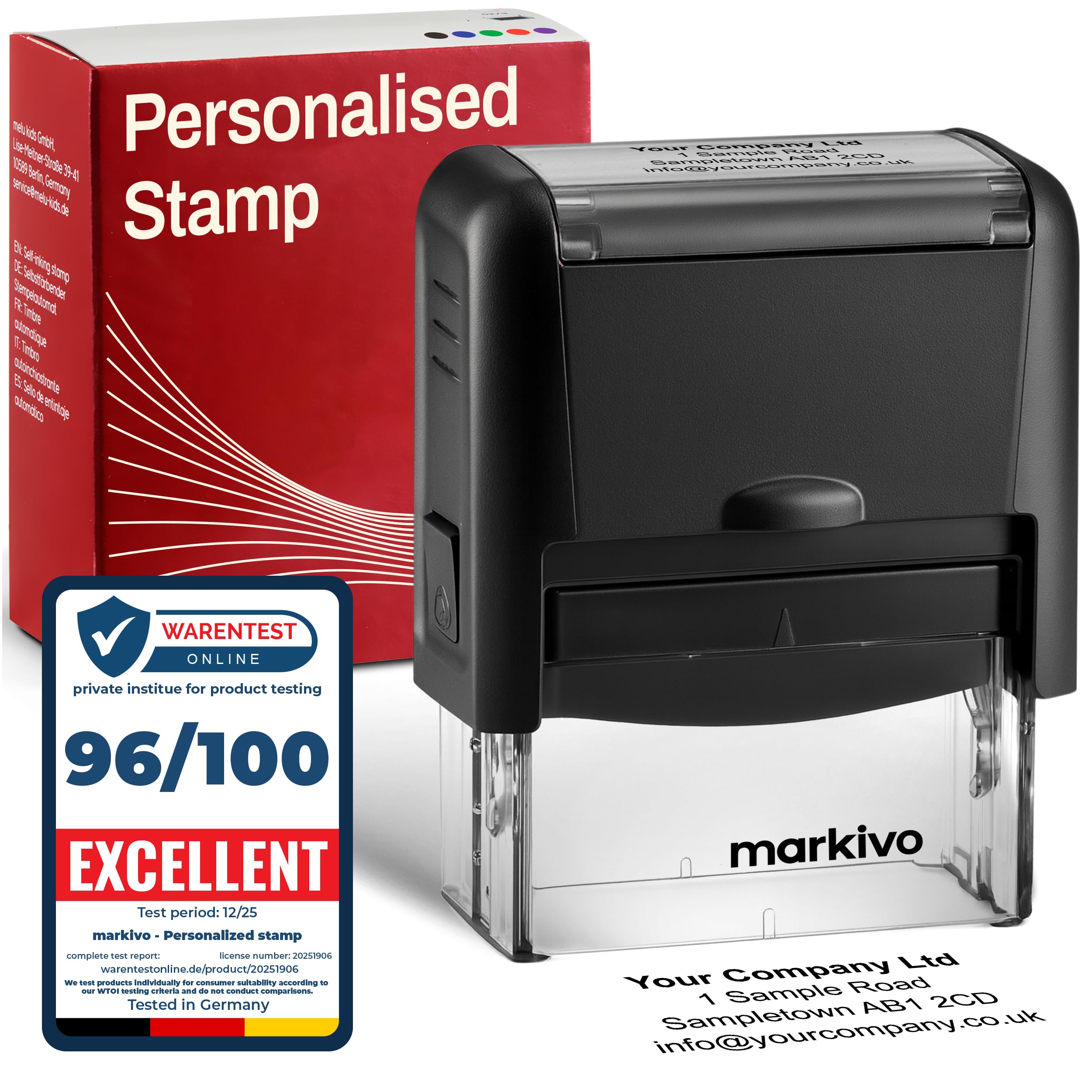 Self-Inking Personalised Stamp – Ideal for Businesses, Offices, and Doctors – Custom Stamp with Text, Address & Name Stamp – 47×18 mm, max. 5 Lines, Black (M)