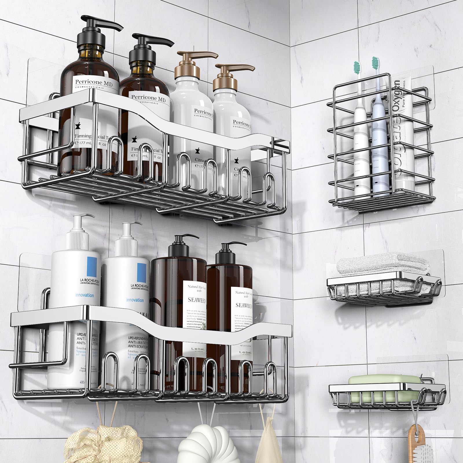 EUDELE Shower Caddy 5 Pack, Adhesive Shower Organizer for Bathroom & Kitchen, No Drilling, Large Capacity, Rustproof Stainless Steel Bathroom Organizer