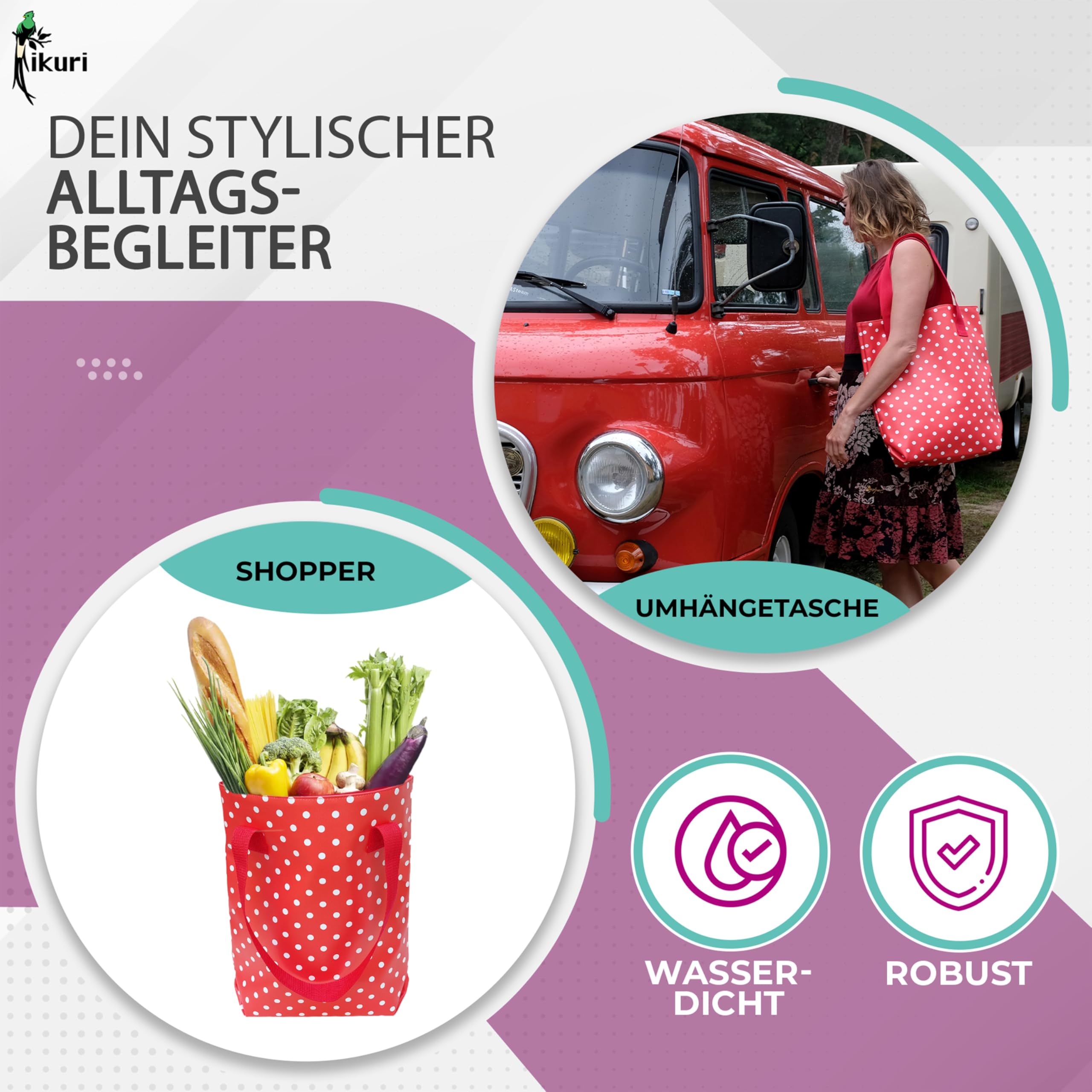 Ikuri wasserabweisender Shopper/Beutel/Einkaufsbeutel/Tote bag aus bedruckter Plane - Lunares rot, HANDARBEIT