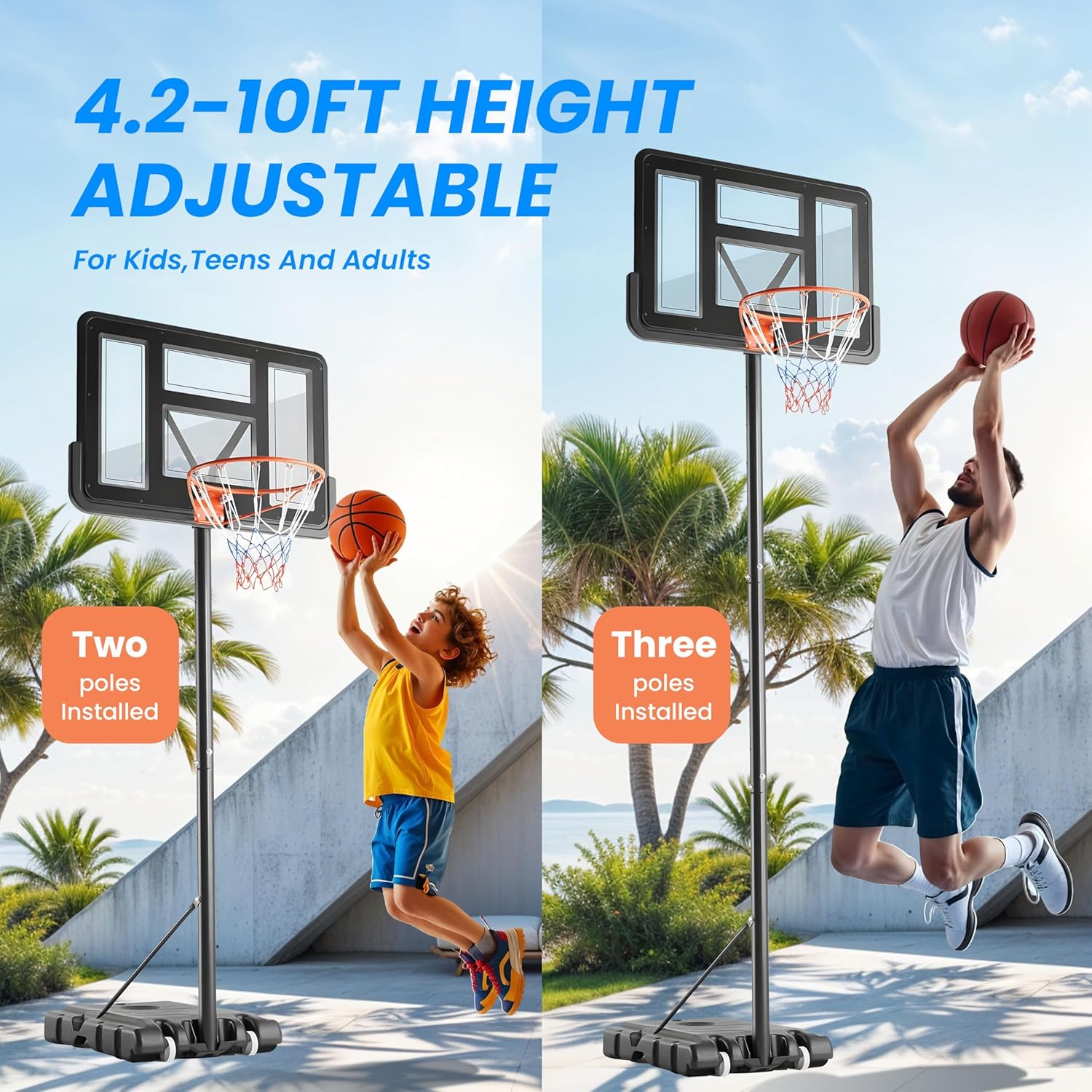Simple Deluxe Pool Basketball Hoop, Height Adjustable Portable Swimming Poolside Water Game Toy with 44'' Shatterproof Backboard, Fillable Base & Wheels, Outdoor Indoor Play Gift in Backyard/Driveway