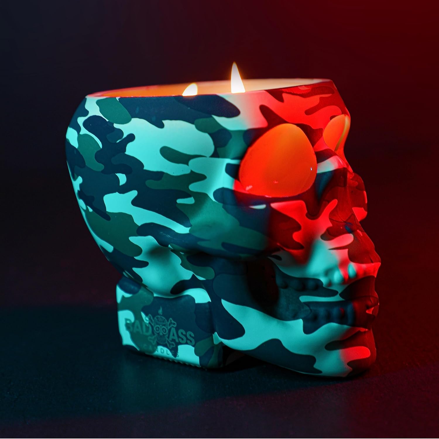 The Camouflage Candles Skull | Mahogany Teakwood for Home Decor | Unscented Stunning Ambient Lighting Skull Candles | Organic Soy Wax Skull Candles Lead & Zinc Free Wicks Candle (24oz)