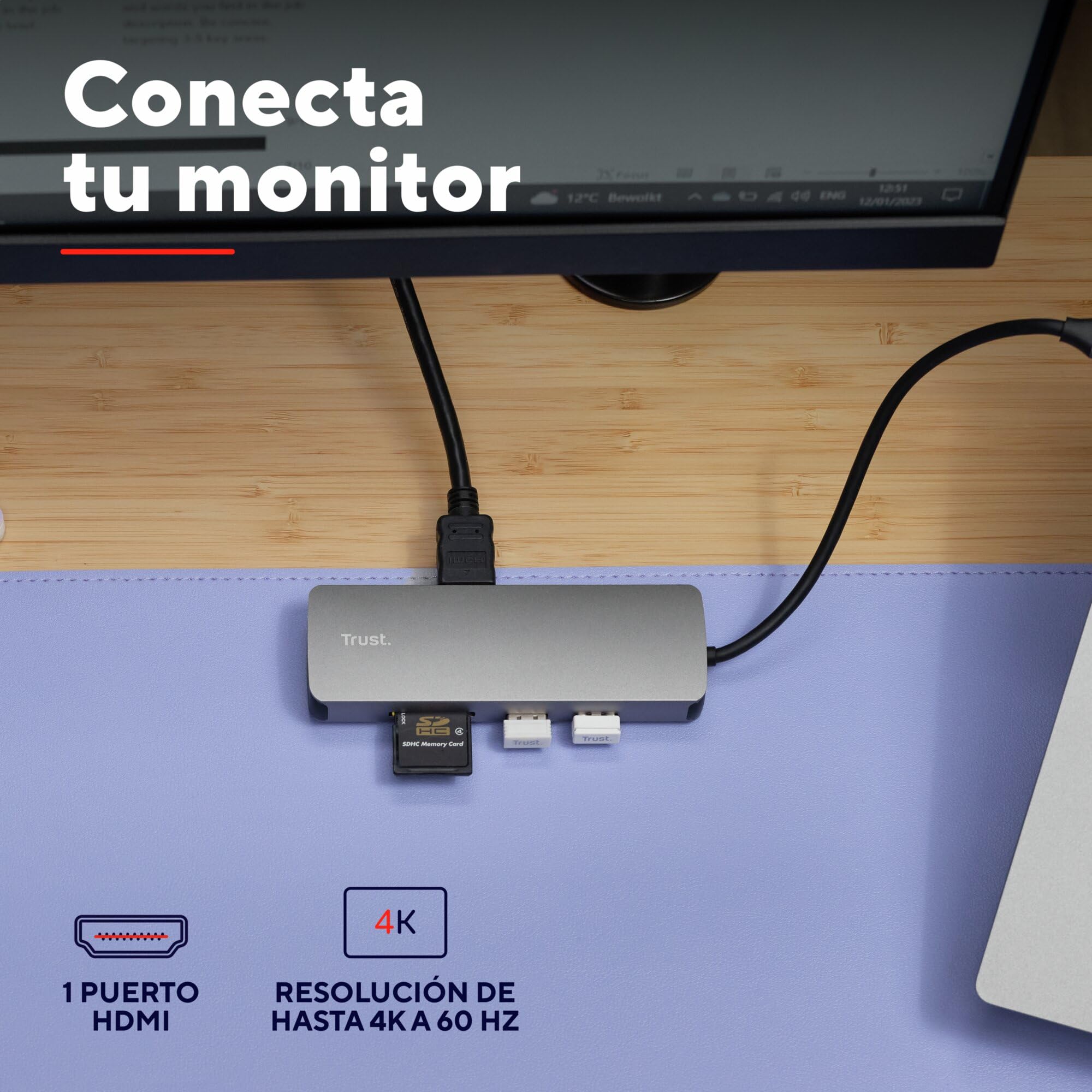 Trust Vylor Hub USB C 8-in-1 Adaptador HDMI 4K a 60Hz, Gigabit Ethernet, Lector de Tarjetas SD/MicroSD, USB-C USB-A, Puerto de Carga 100W, Docking Station PC Computadora Portátil DELL HP MacBook