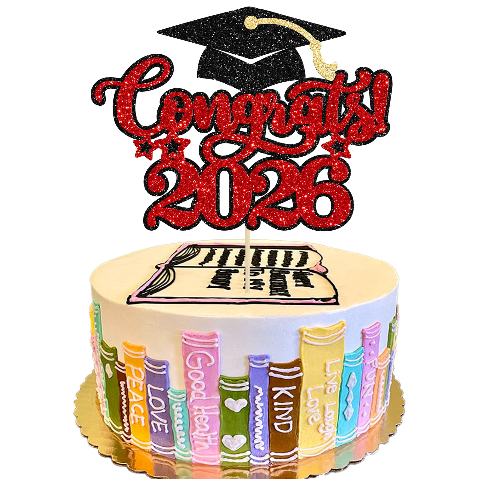 Photo 1 of Gyufise 1Pcs Congrats 2026 Cake Topper Glitter Diploma Grad Cap Cake Pick Class of 2026 Graduation Cake Decoration for 2026 Graduation Theme Party Decorations Supplies Red