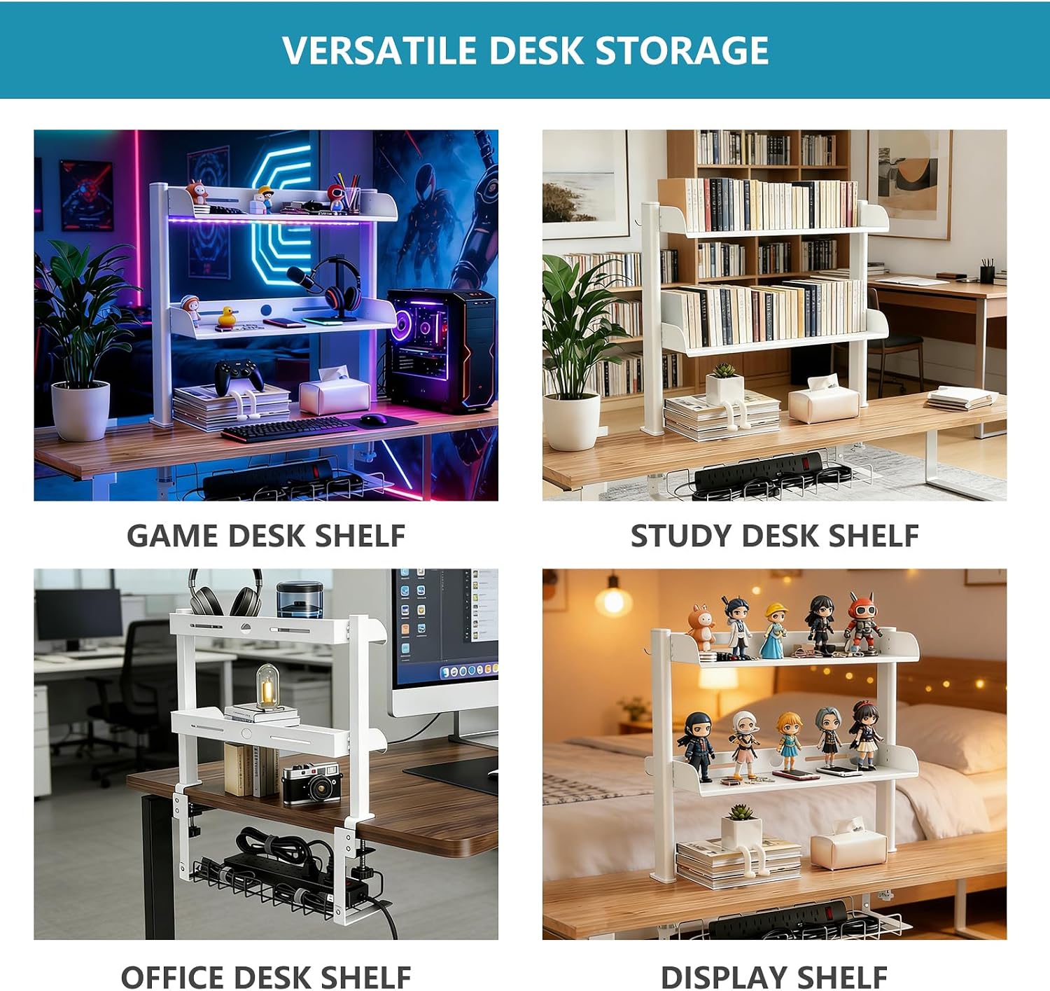 Clamp on Desk Shelf,3 Tier Desktop Organizer,Adjustable Clamp on Desk Top Organizer with Under Desk Hidden Storage Basket&Hooks,No Drilling Desk Clamp Storage Shelves for Working Gaming Accessories
