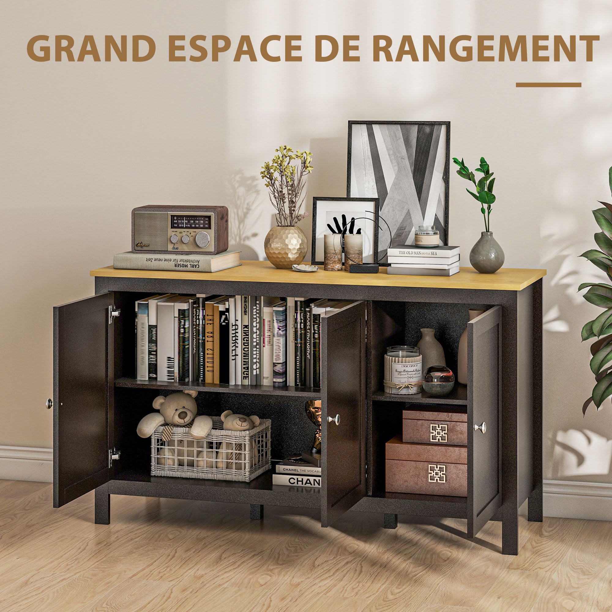 HOMCOM Buffet Meuble de Rangement avec 3 Portes 2 étagères réglables Plateau Aspect Bois Clair - 120 x 40 x 70 cm Noir