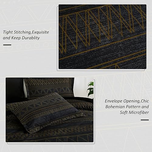 Miniatura 6 de WONGS BEDDING - Juego de edredón queen de 7 piezas, edredón geométrico de rayas negras y doradas estilo boho para cama queen en una bolsa, juego de