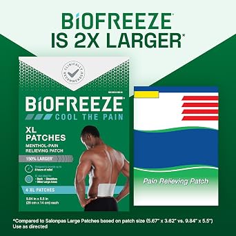 Biofreeze XL Pain Relief Patches, Menthol Pain Patches for Lower Back, Neck, Knee, Shoulder, Comfortable & Flexible Fabric Stays in Place, 4 ct