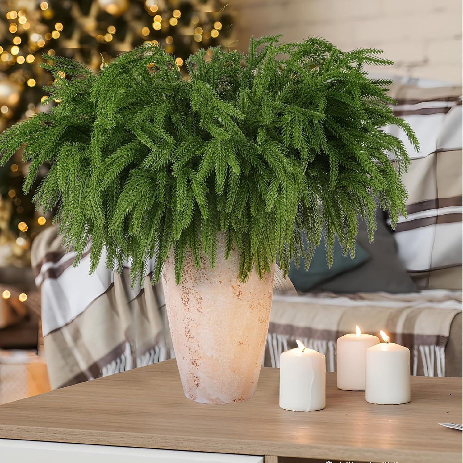Wambere 10 Stück Norfolk-Kiefernzweige für Weihnachten Künstliche Tannenzweige Kiefernnadel Kiefernzweige Weihnachtszweig Weihnachtszeder Grünzweige für Vasenfüller Zuhause Büro Hochzeit,Grün