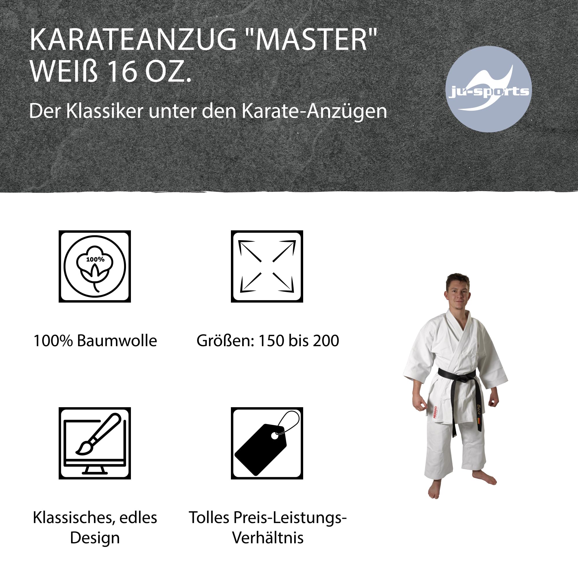 Ju-Sports Karate Anzug Master weiß 16 oz. I Schwerer Karateanzug im kurzem Kata-Schnitt I Kimono mit traditioneller Hosenschnürung I Ärmelenden absteppt für lauten Soundeffekt I 100% Baumwolle