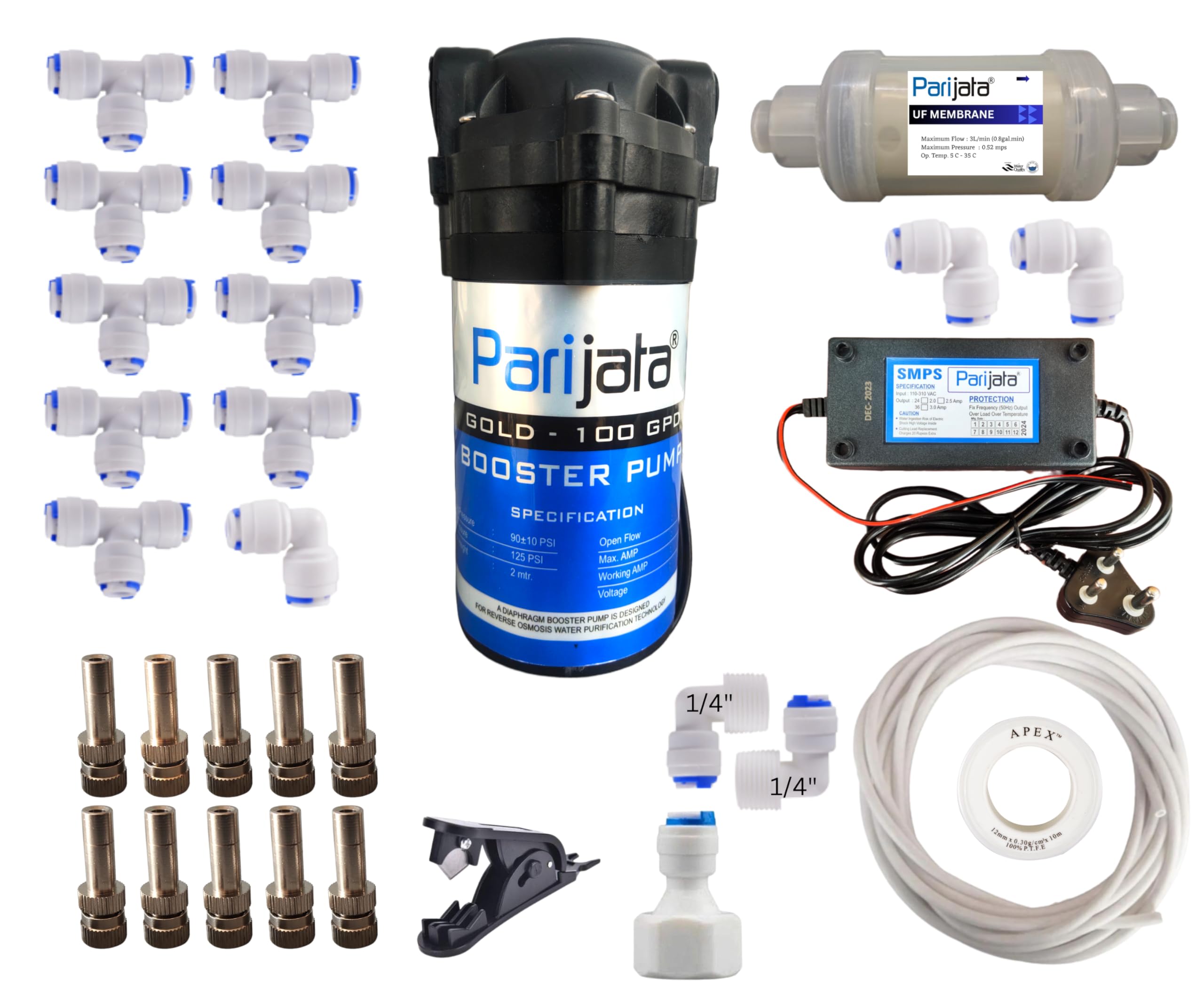 PARIJATA Misting System Kit with Nozzles, Mist Pump, smps, Pipe 15mtr, Connectors etc. for Terrace/Balcony/Garden Cooling/Animal husbandry/Hydroponics/fish farming (Nozzle Distance 1.4mtr)