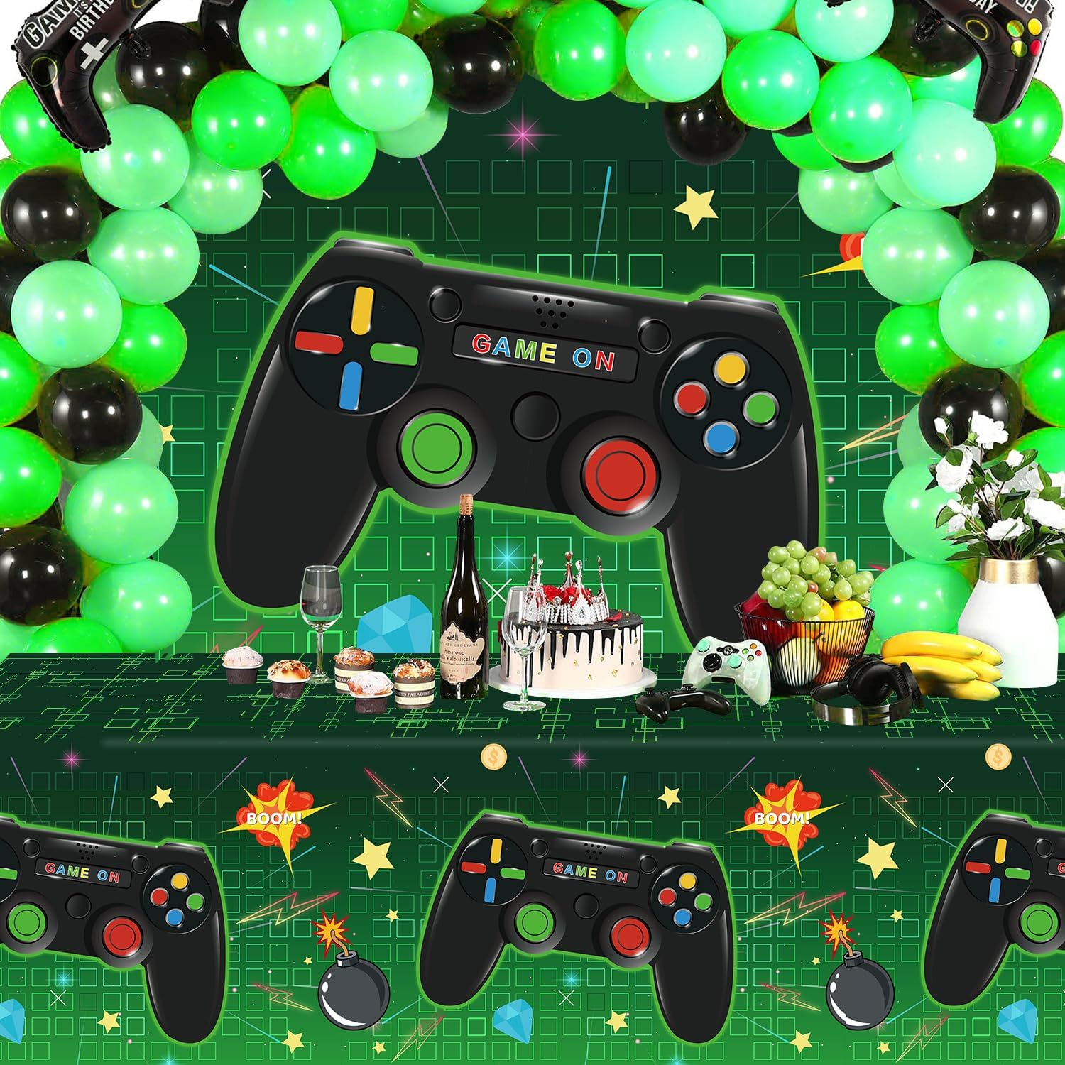 4 Pcs Green Video Game Tablecloth Video Game Birthday Tablecloth Decoration Rectangle Gaming Party Supplies 86” x 51” for Kids Boys Girls Video Game Party Decorations Favors image 4