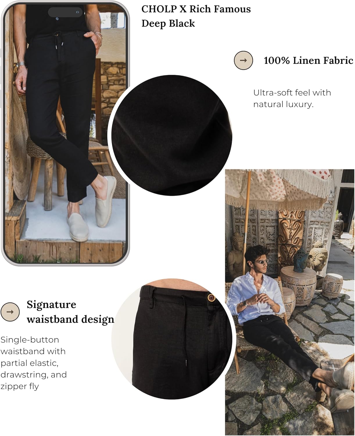 Cholp 100% Linen Dress Casual Resort Pants for Men – Relaxed Fit Drawstring Summer Trousers | Rich Famous Collection - Image 2