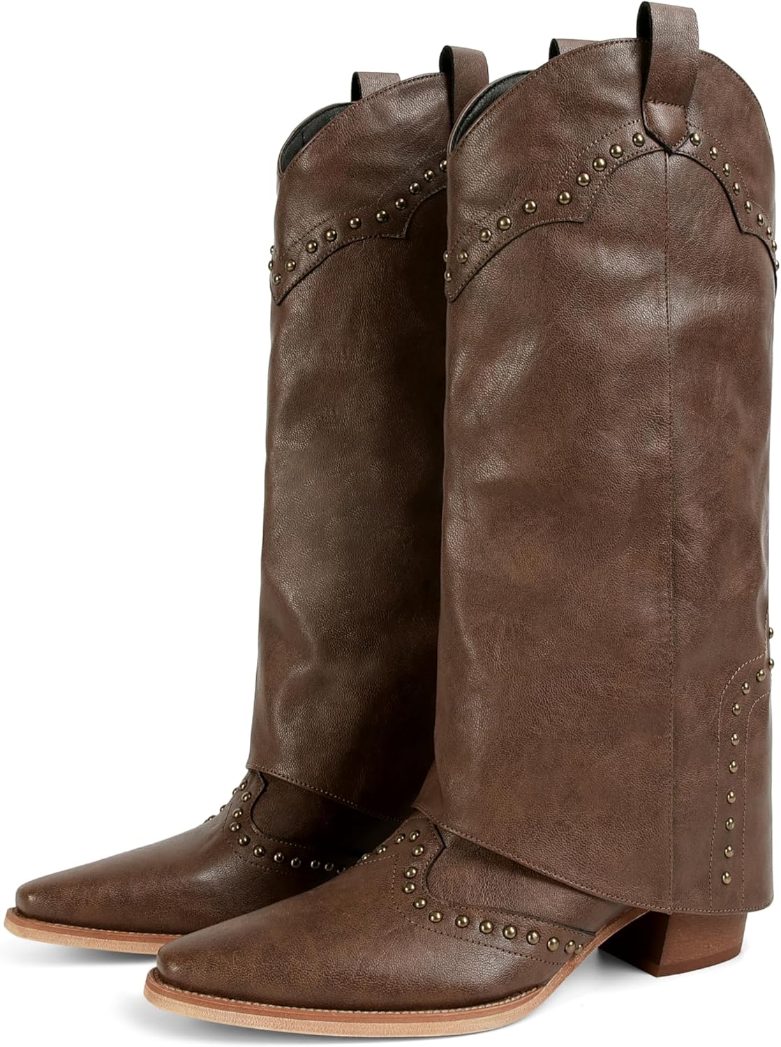 Women's Shark Boots Studded Fold Over Mid Calf Chunky Heel Boots Cowboy Cowgirl Slouchy Pull On Boots