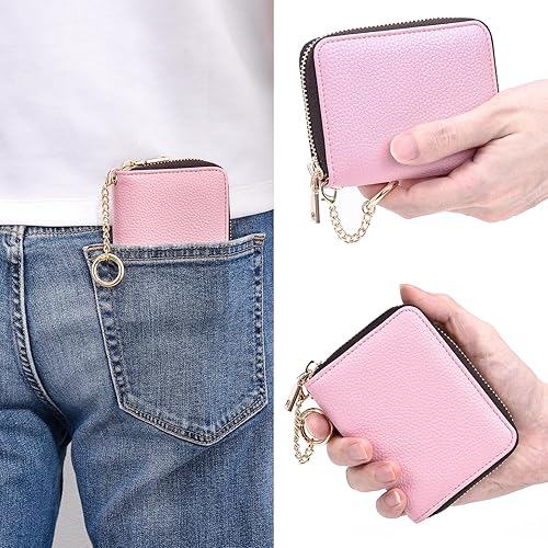 Vista 6 de HerriaT Cartera para tarjetas de crédito, de piel auténtica, con cremallera, bolsillos para monedas, tarjetero para hombres y mujeres, bloqueo RFID