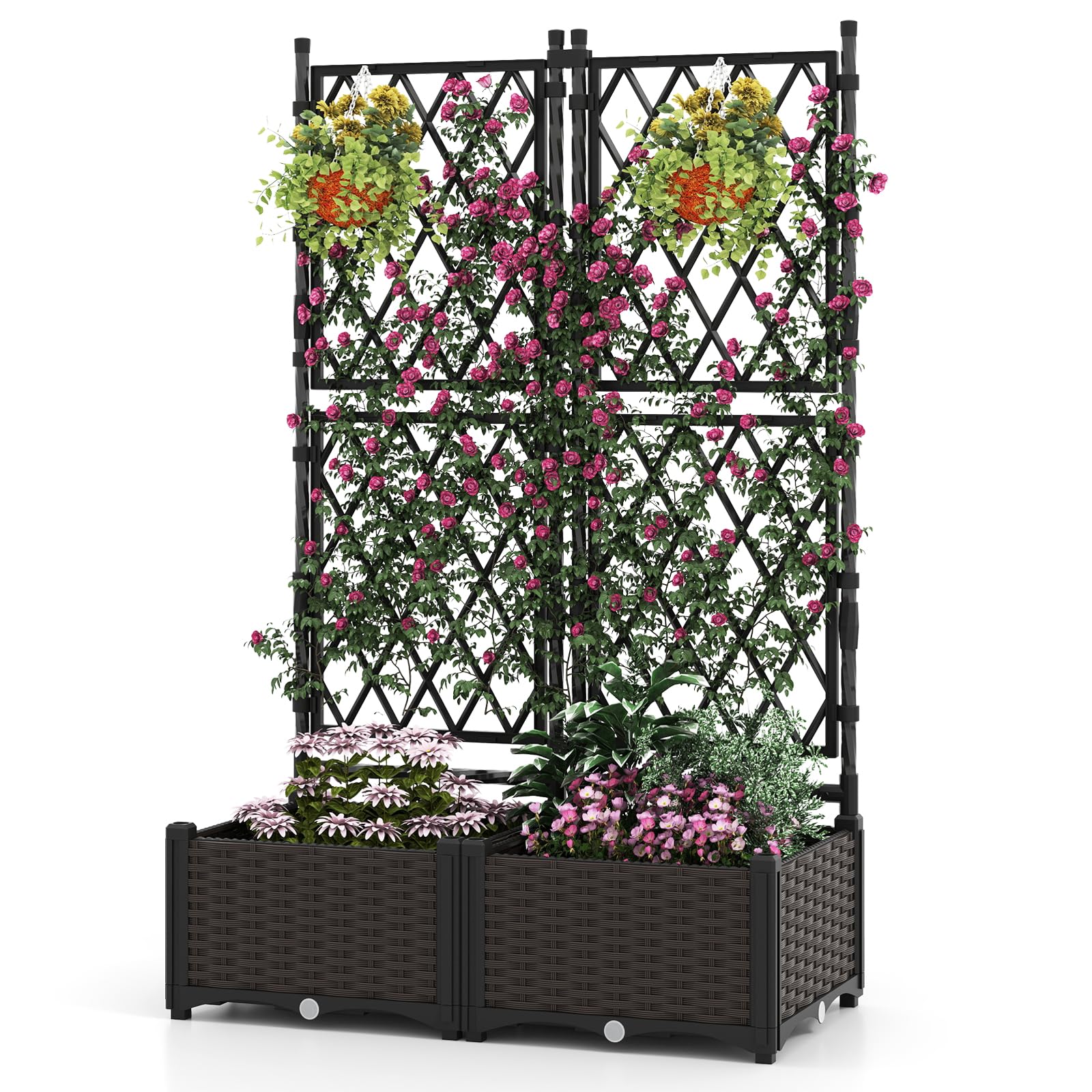 HOMASIS Lit de Jardin Surélevé avec Treillis, Jardinière d’Extérieur avec Disque Auto-Arrosant, Trous de Drainage, Bac à Fleurs pour Plantes Grimpantes, Légumes 80 x 40 x 126 cm (Noir)