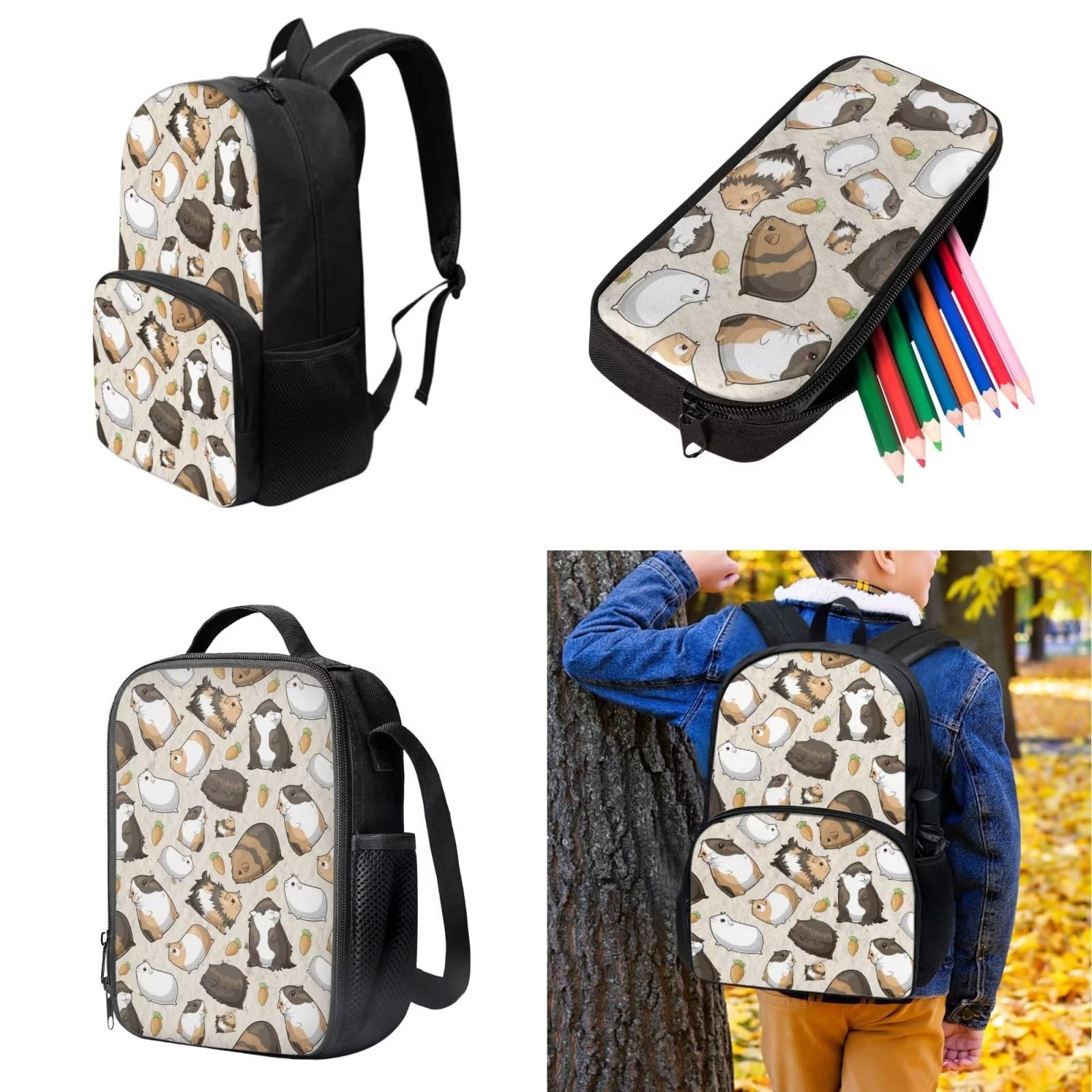 POLERO Juego de 3 bolsas escolares con impresión 3D para el almuerzo, estuche para lápices, Cobayas, Talla única, Mochila infantil