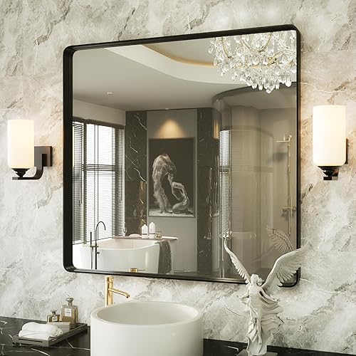 Espejo de baño negro para pared, 36 x 36 pulgadas, marco negro mate, espejo de tocador de baño para sala de estar, dormitorio, antioxidante, vidrio