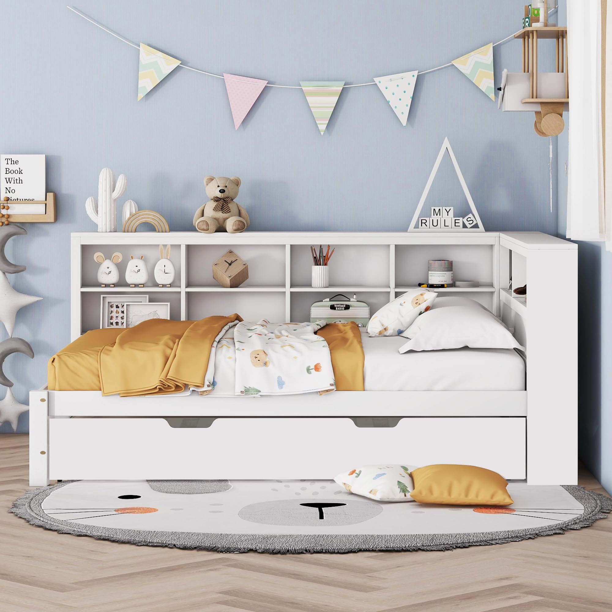 Merax Kinderbett 140 x 200 cm mit USB-Buchse, Jugendbett mit Ausziehbarem Bett 90x190 cm und Stauraum, für Kinder & Jugend, Massivholz, Weiß (Ohne Matratze)