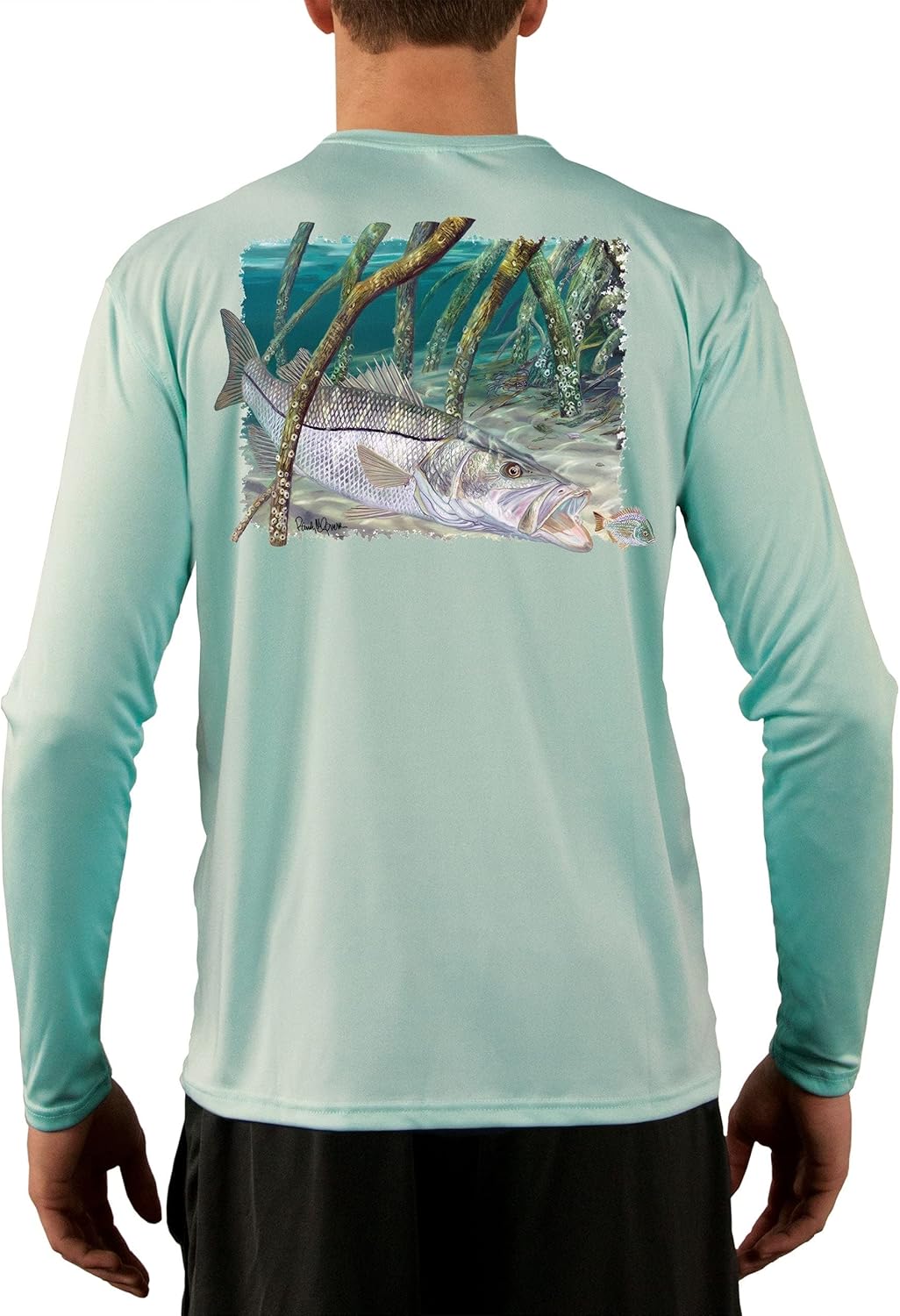 Skiff Life Snook Fishing Shirts for Men - Florida Snook Fish in Mangroves with Snook Scale Sleeve by Randy McGovern