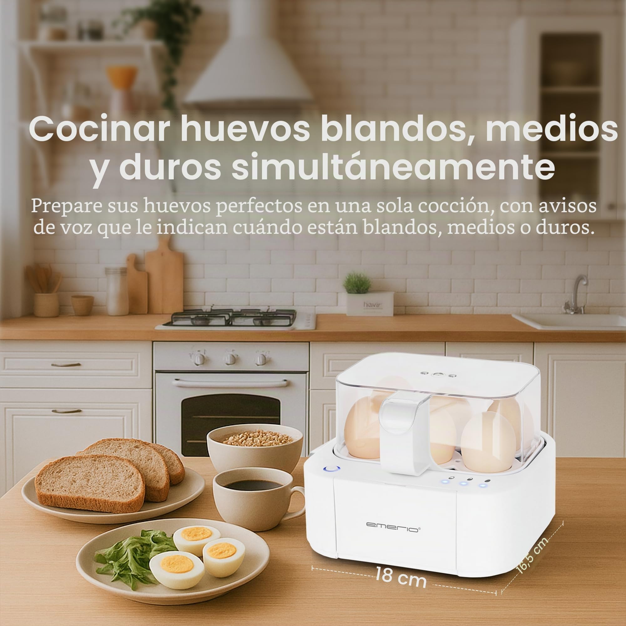 Emerio El mejor hervidor de huevos EB-115560 cocina los tres niveles de cocción [suave|medio|duro] en un solo proceso de cocción con un resultado perfecto y salida de voz, único en tecnología y