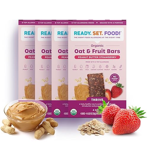 Ready, Set, Food! Barras orgánicas de avena y frutas  Mantequilla de maní y fresa (paquete de 4)  Barrita orgánica para niños pequeños con 8