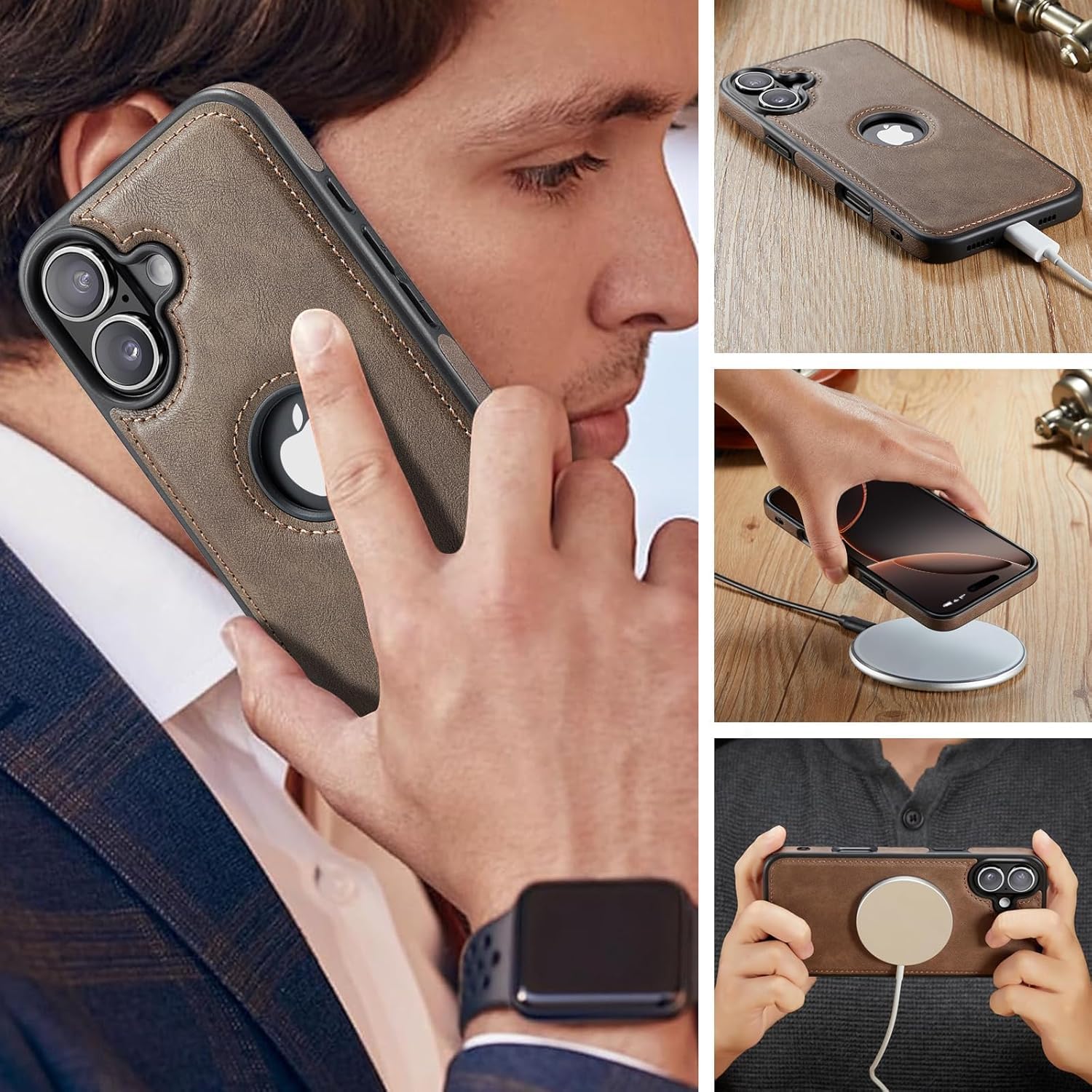 Casus Designed for iPhone 16 Plus Case Compatible with MagSafe Leather Slim Logo View Luxury Elegant Thin Cover with Tempered Glass Screen Protector (2024 6.7"- Grey - Image 5