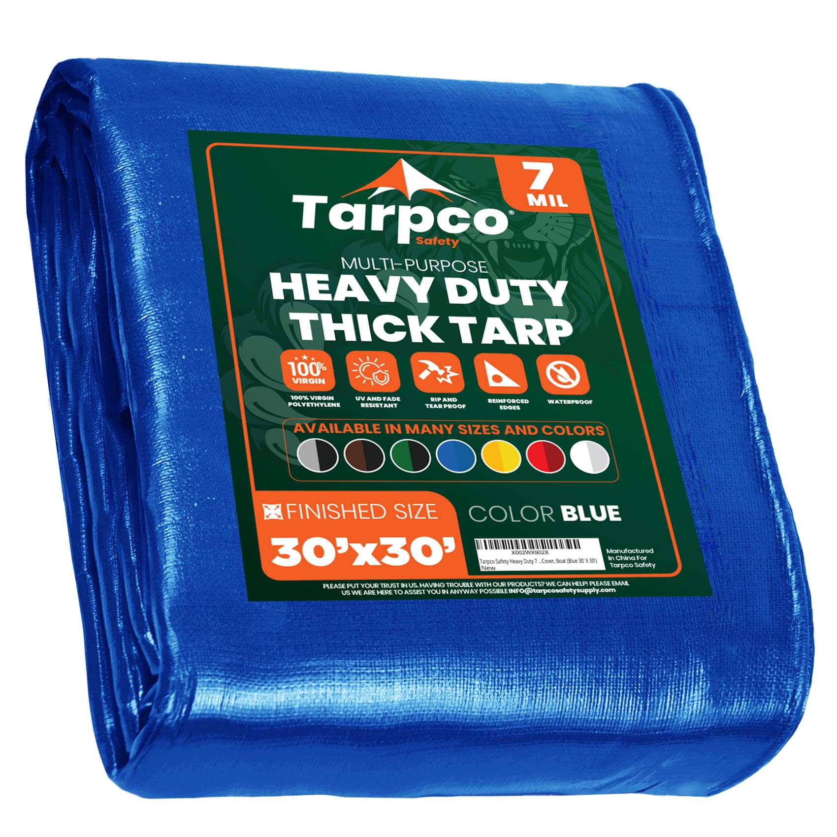 Heavy Duty 7 Mil Tarp Cover, Waterproof, UV Resistant, Rip and Tear Proof, Poly Tarpaulin with Reinforced Edges for Roof, Camping, Patio, Pool Cover, Boat (Blue 30′ X 30′)