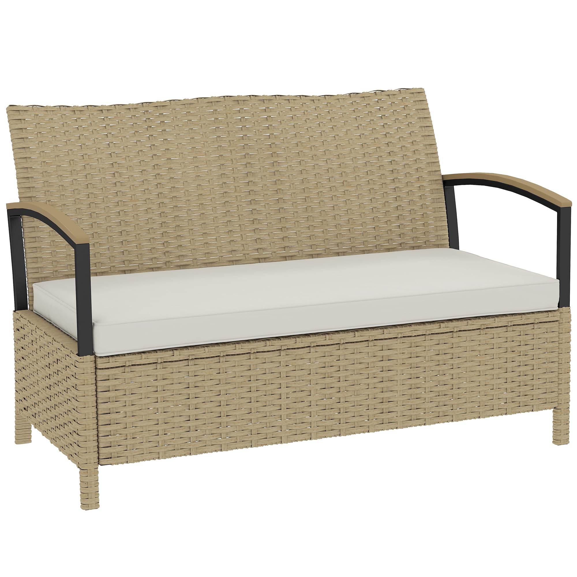 Outsunny Baule da Esterno, Panca Contenitore da Giardino 125L, Divanetto 2 Posti in Rattan PE con Cuscino Imbottito, Struttura in Metallo per Patio, Giardino e Balcone, Cachi
