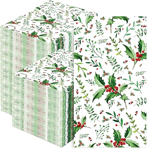 Miniatura 1 de Jetec 200 servilletas de papel desechables de Navidad con bayas de acebo, servilletas de cena para fiestas de Navidad, toallas de mano desechables