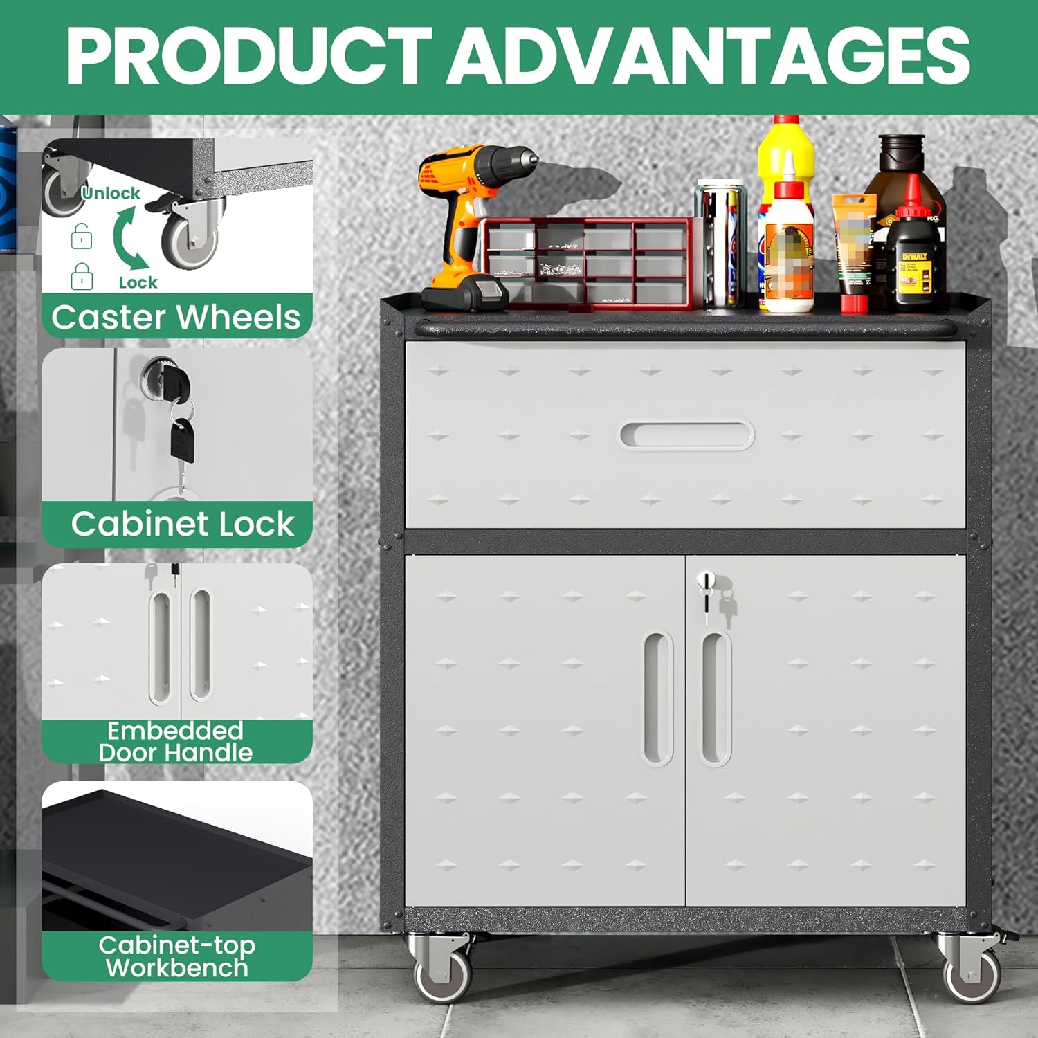 2-Pack Rolling Garage Tool Cabinet,Heavy Duty Steel Rolling Tool Chest with Lockable Doors & Adjustable Shelves,Mobile Workshop Storage Cart for Garage Organization,Black/Grey