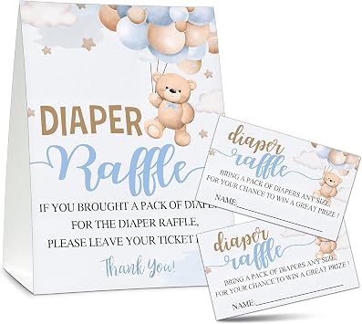 Baby Shower Game Set, 50 Diaper Raffle Tickets with 1 Standing Sign, Balloon Bear Gender Reveal Party Decorations Supplies - B77