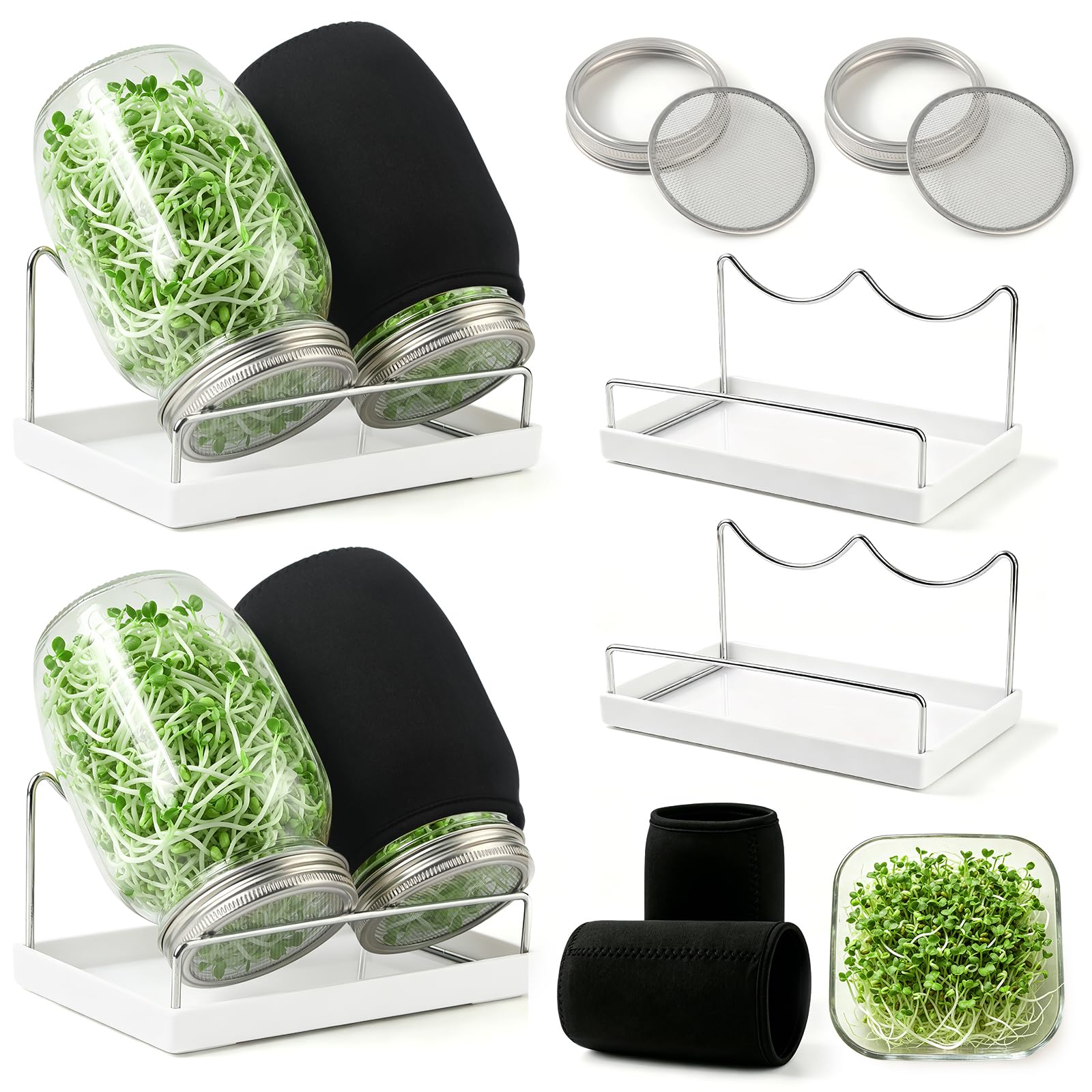 Lot de 4 pots de germination de graines – 4 bocaux Mason à large ouverture avec couvercles en acier inoxydable 316, 2 plateaux d'égouttement et 2 supports, ensemble complet de culture domestique pour
