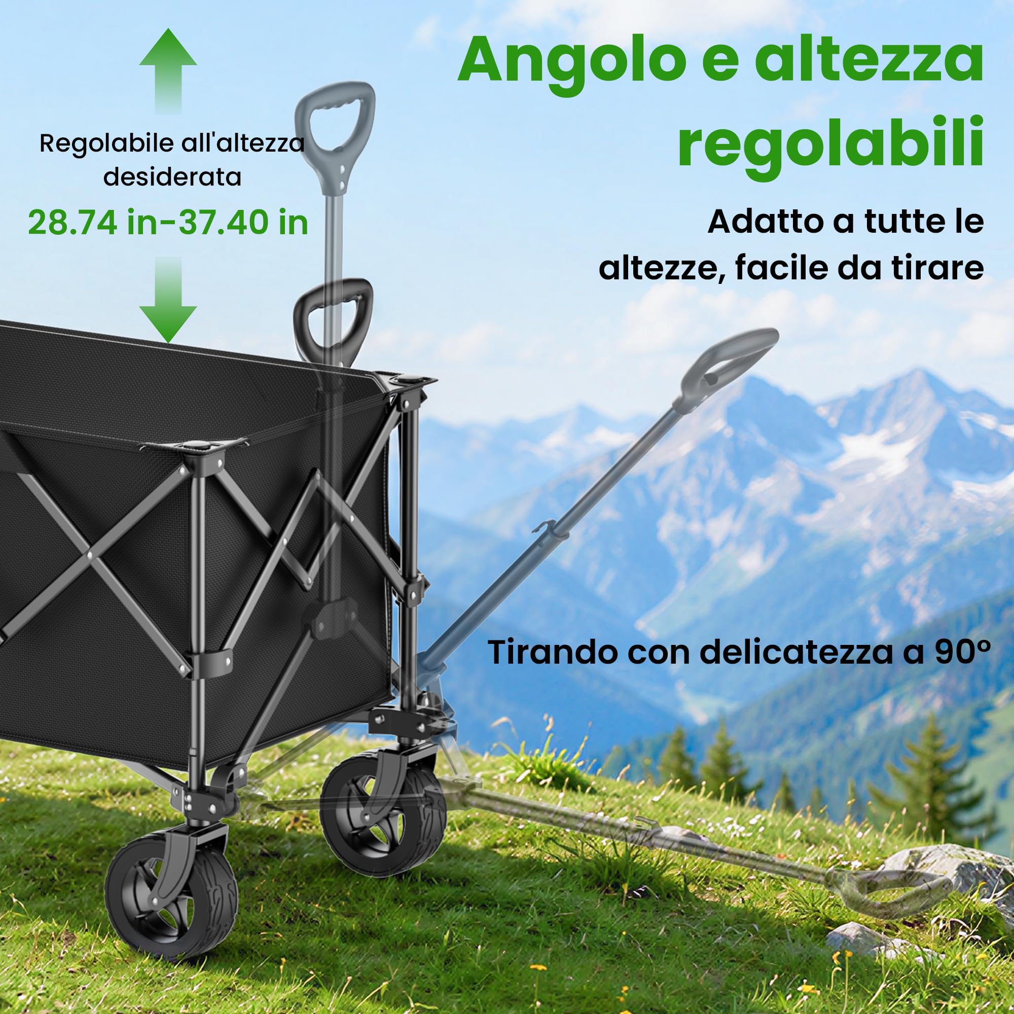 Carrello da Campeggio Pieghevole 135 L, Capacità di Carico 150 kg, Carrello Fuoristrada con Ruote Girevoli 360° e Maniglia Telescopica, per Giardino, Spesa, Outdoor