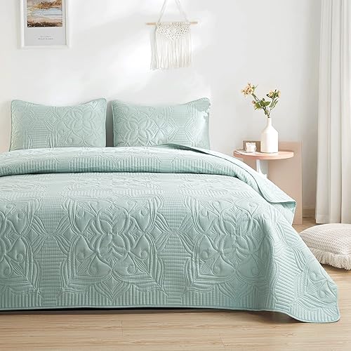 beeweed Quilt Set Queen Size 3 Pieces, Lightweight Microfiber Flower Pattern Bedspreads for All Season, Mint Green Soft Summer Coverlet Set with