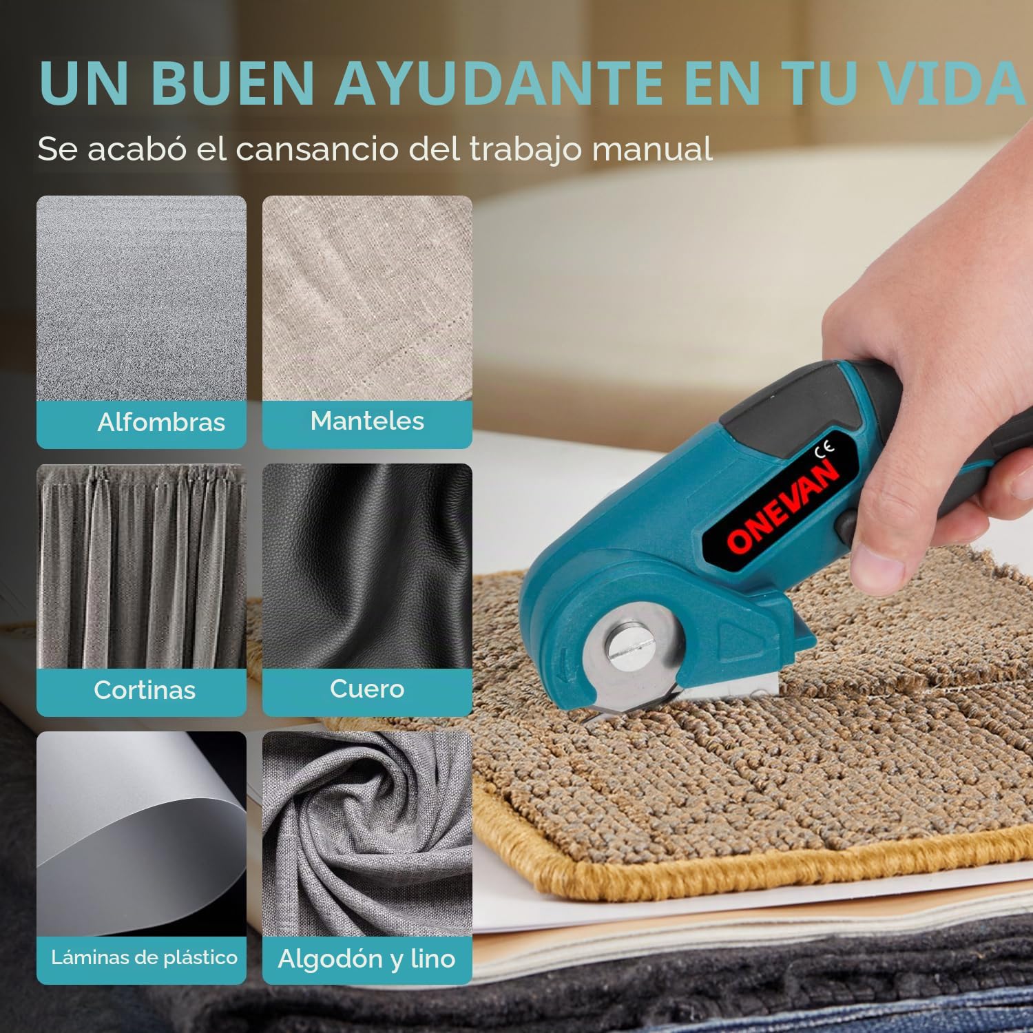 ONEVAN Tijeras universales inalámbricas 18V eléctricas - Tijeras a batería con hoja autoafilable, profundidad de corte de 6 mm, cortador de cartón para tela/alfombra/cartón, 300 rpm, tijeras inalámbri