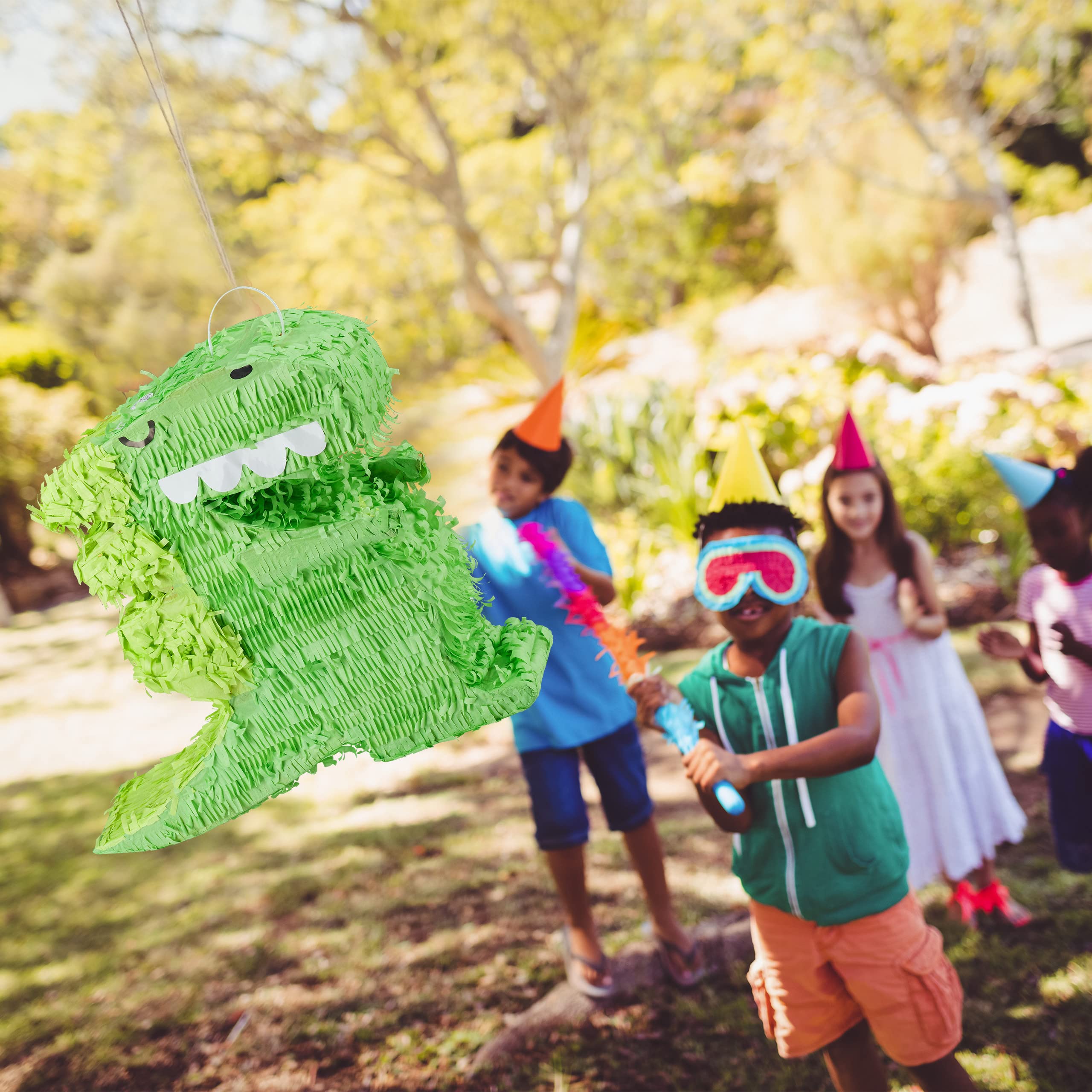 Relaxdays 2 Piñatas Dinosaurio, para Colgar, Fiestas Cumpleaños Niños y Niñas, Forma T-Rex, Dino, Rellenable, Papel, Verde