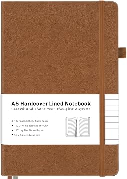 College Ruled Notebook, A5 Hardcover Leather Notebook for Work, Lined Notebook Journal for Women, Men, 100GSM Thick Paper, Large Notebook with Pockets, Professional Business Notebook, 5.7"x8.5", Brown
