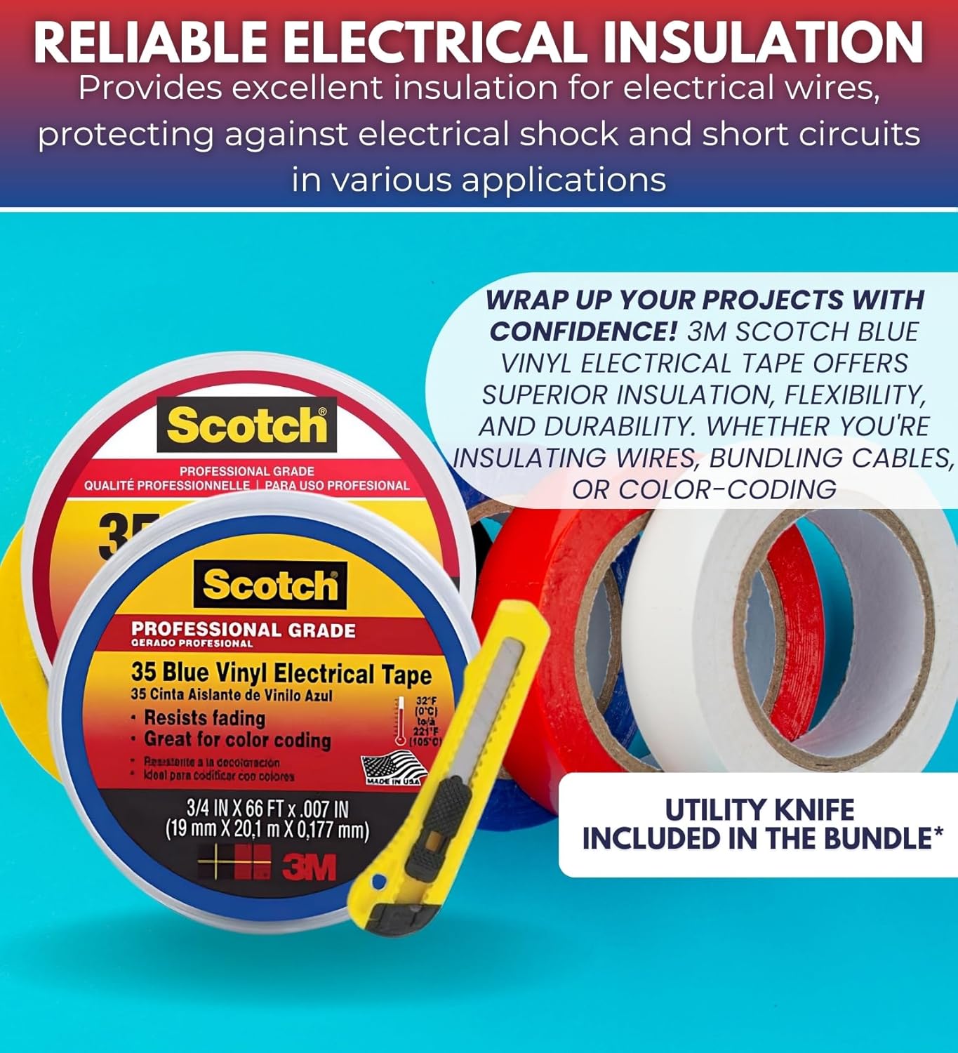 Scotch 3/4 in. W X 66 ft. L Blue Vinyl Electrical Tape + Red Vinyl Electrical Tape Bundle with Utility Knife - Electrical Tape for Color Coding & Insulation - Indoor/Outdoor Use - (3 Items)